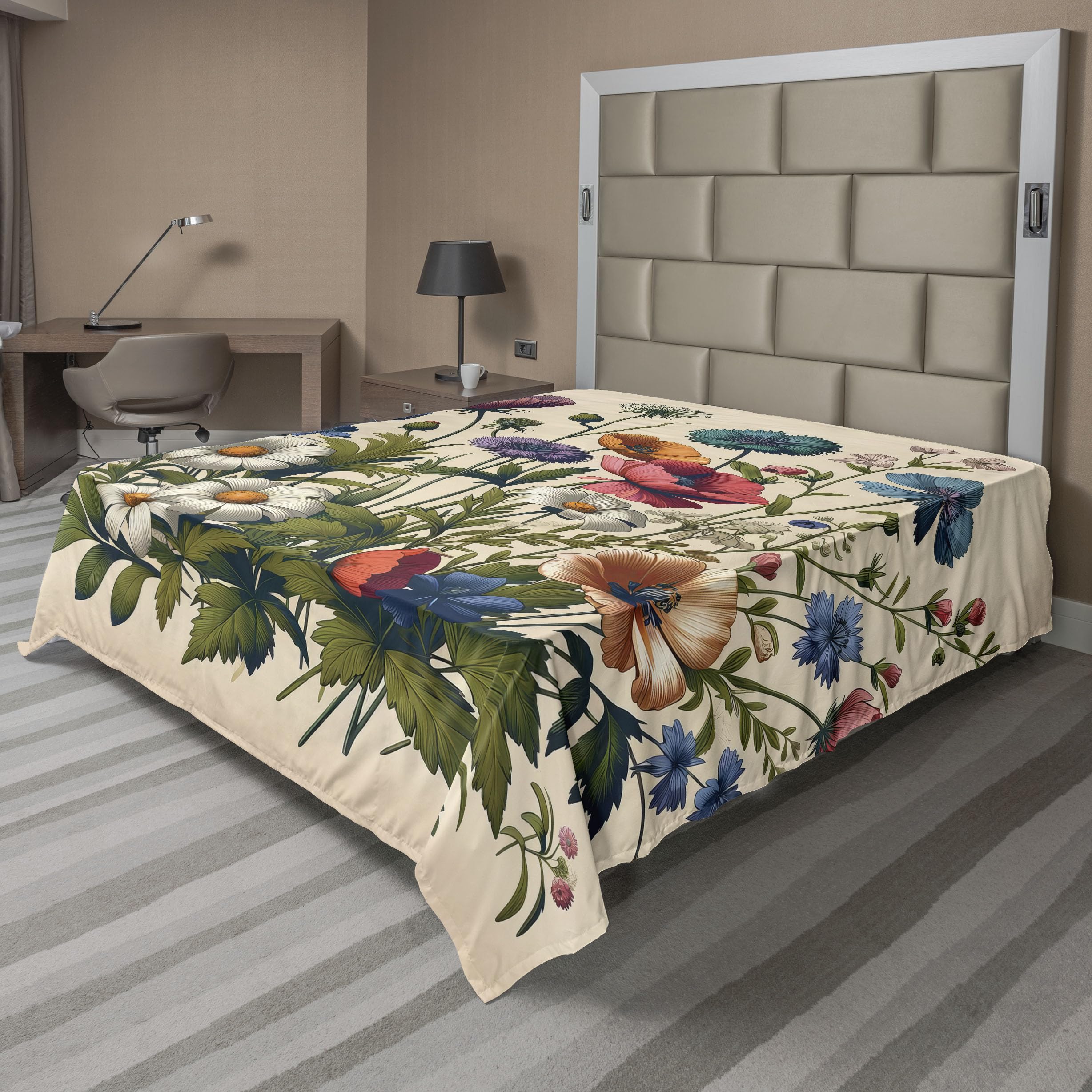 Ambesonne Floral Eucalyptus Flat Sheet, Colorful Blossomy Meadow Wild Flowers Botanical Themed, Soft Comfortable Top Sheet Decorative Bedding 1 Piece,