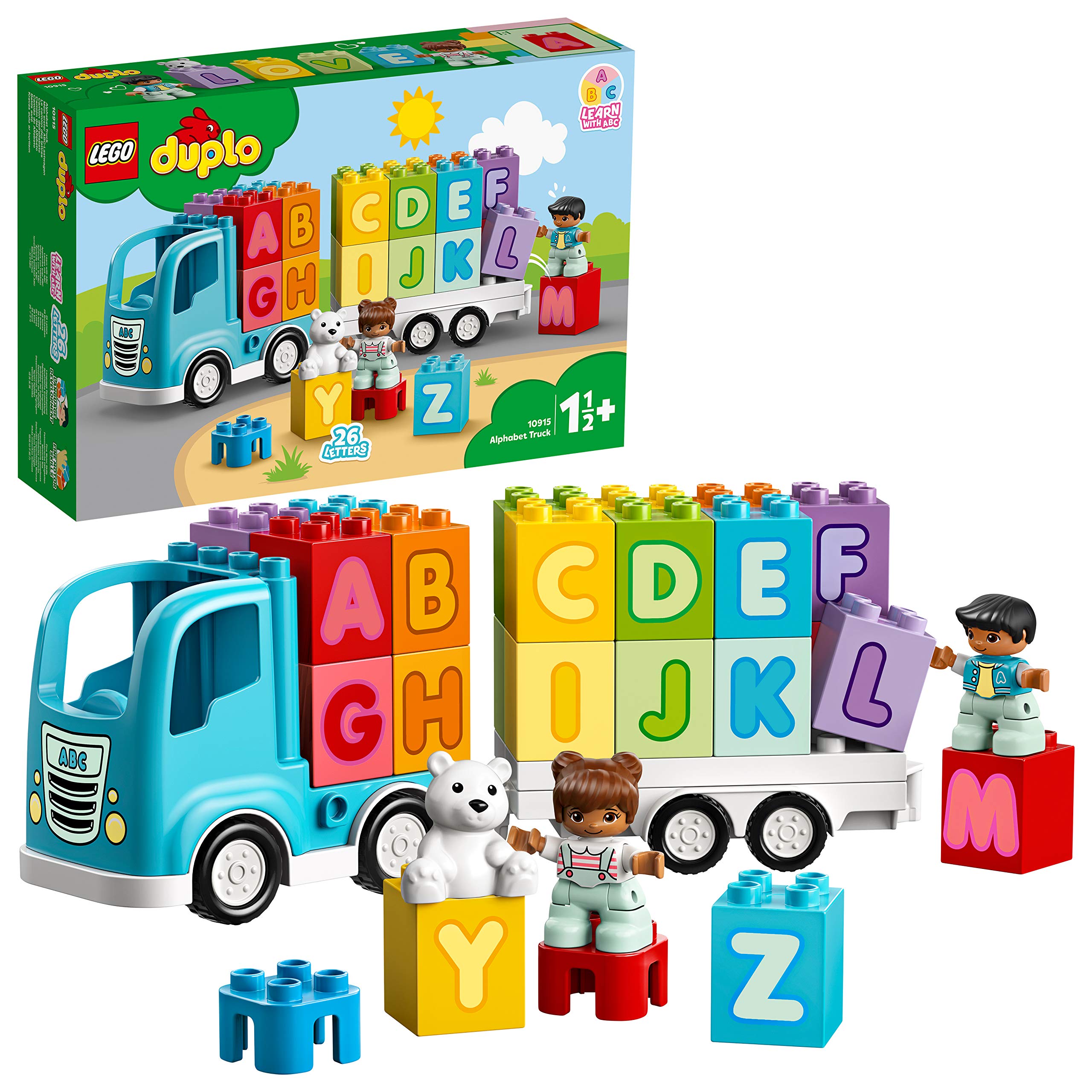 LEGO DUPLO Pierwsze klocki: Ciężarówka z alfabetem 10915 — nauka pierwszych liter dla małych dzieci, wesoła zabawka edukacyjna do budowania (36 elementów)