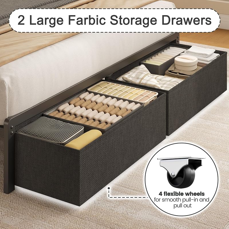 Fluest Queen Bed Frame with 2 Drawers, Upholstered Headboard with Storage and Charging Station, LED Lights, Fabric Drawers with Wheels, Under Bed Storage, No Box Spring Needed, Easy Assembly, Grey image 4