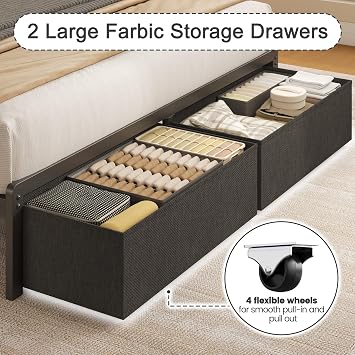 Fluest Queen Bed Frame with 2 Drawers, Upholstered Headboard with Storage and Charging Station, LED Lights, Fabric Drawers with Wheels, Under Bed Storage, No Box Spring Needed, Easy Assembly, Grey