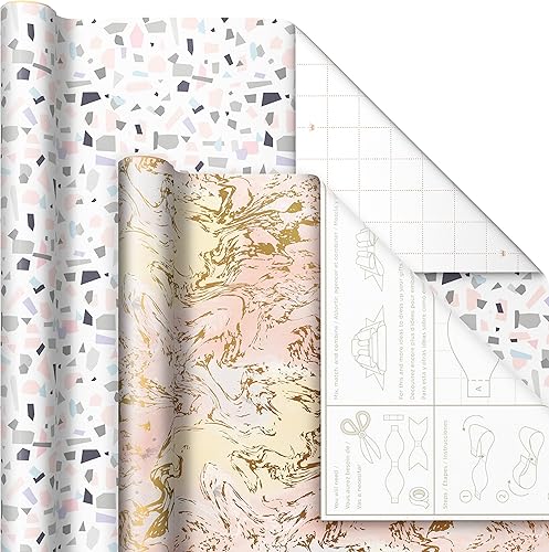 Miniatura 4 de Hallmark Paquete de papel de regalo pastel con líneas de corte en el reverso (6 rollos 130 pies cuadrados en total) rosa, dorado, azul para