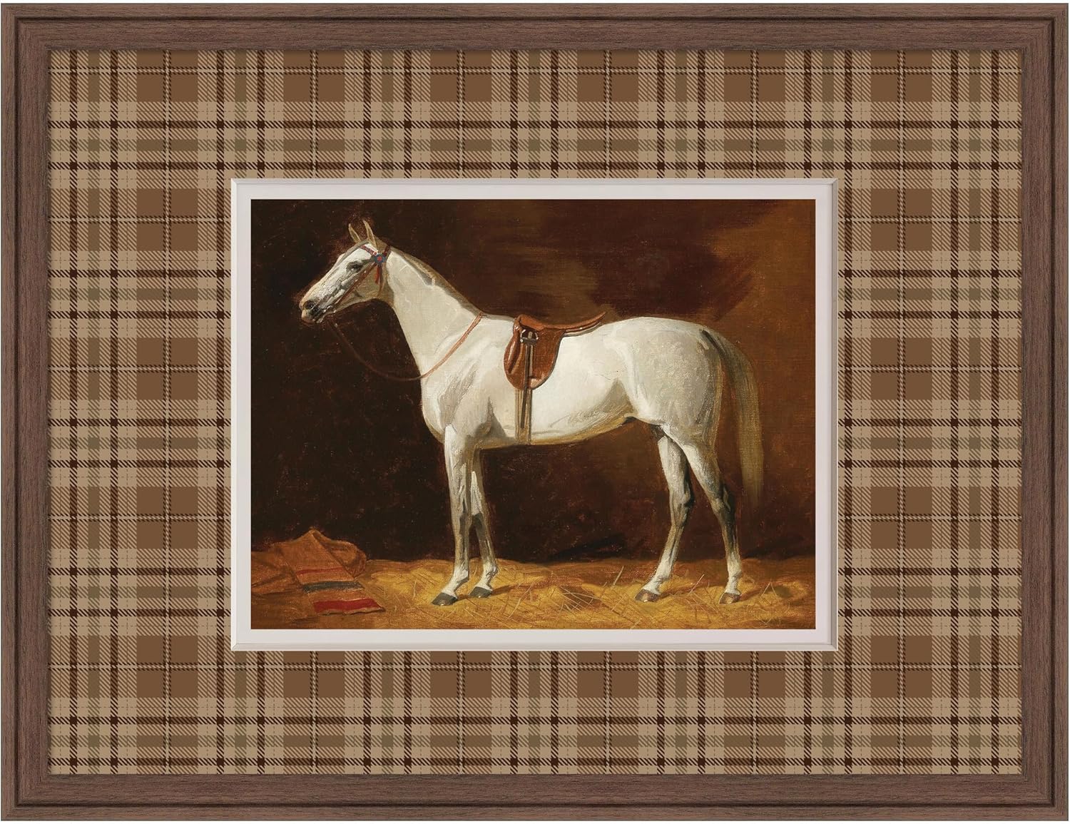 Kate and Laurel Framed Wall Art Print A White Horse Emil Volkers Faux Mat by Nostalgia Prints, 26 x 20, Florence Medium Brown Frame, Vintage, Animal Art for Wall Decor