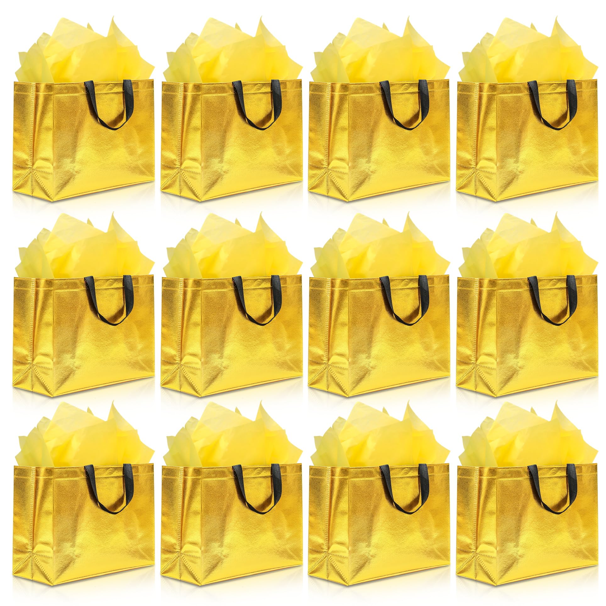 KeerxunBag 12Pcs Reusable Gift Bags（Includes Tissue Paper） Gift bag with handle Birthdays Parties Holidays Weddings Medium 13x5x11in Golden Yellow Gift Bags