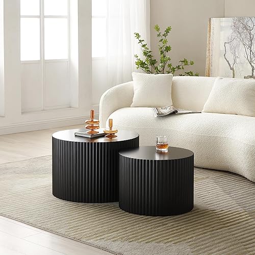 Miniatura 5 de Moderna mesa auxiliar anidable, mesa auxiliar redonda de madera, juego de 2 para espacios pequeños, sala de estar, color negro