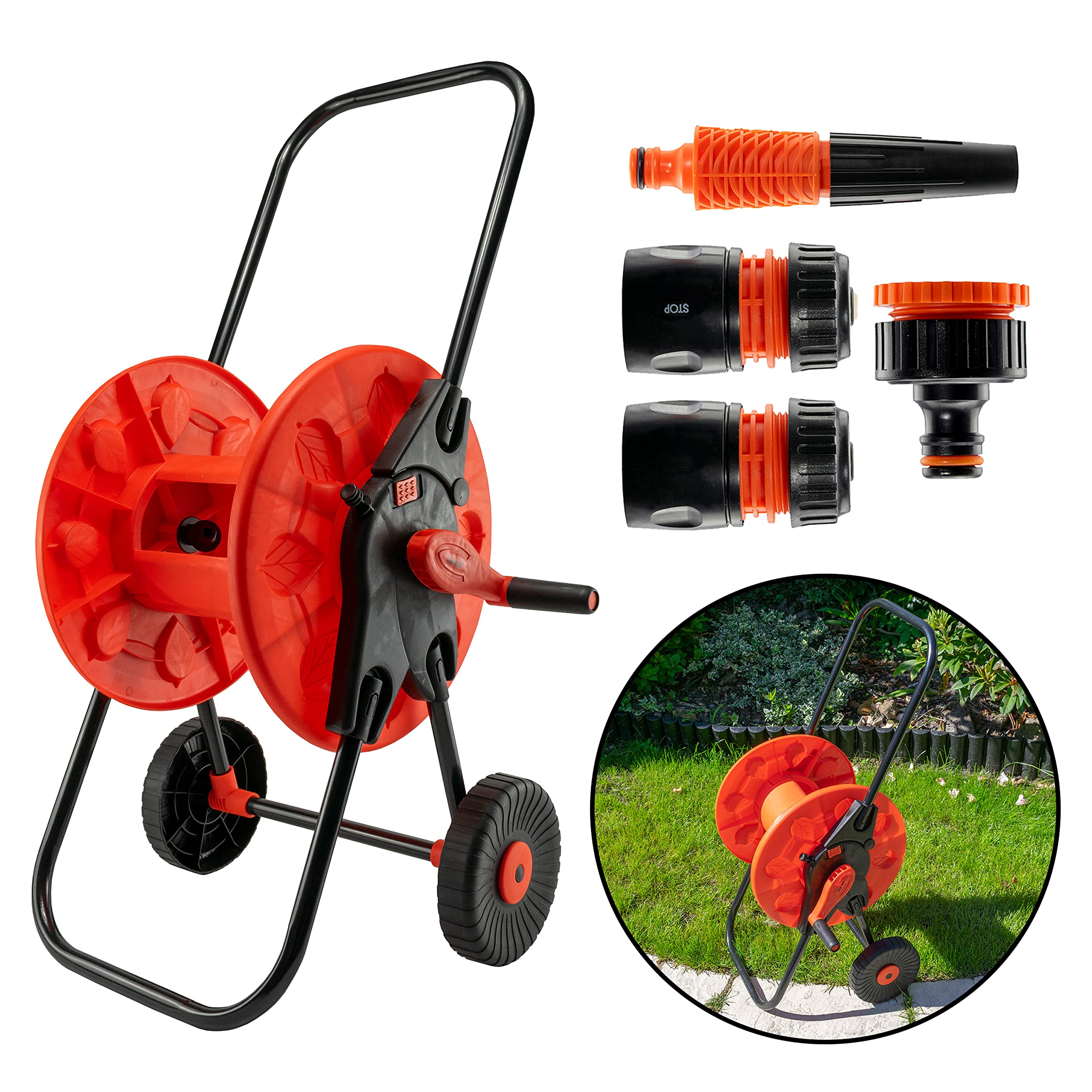Cost Wise 60M Capacity Garden Hose Reel/Cart With Fold Down Handle +Free Hose Connector Kit