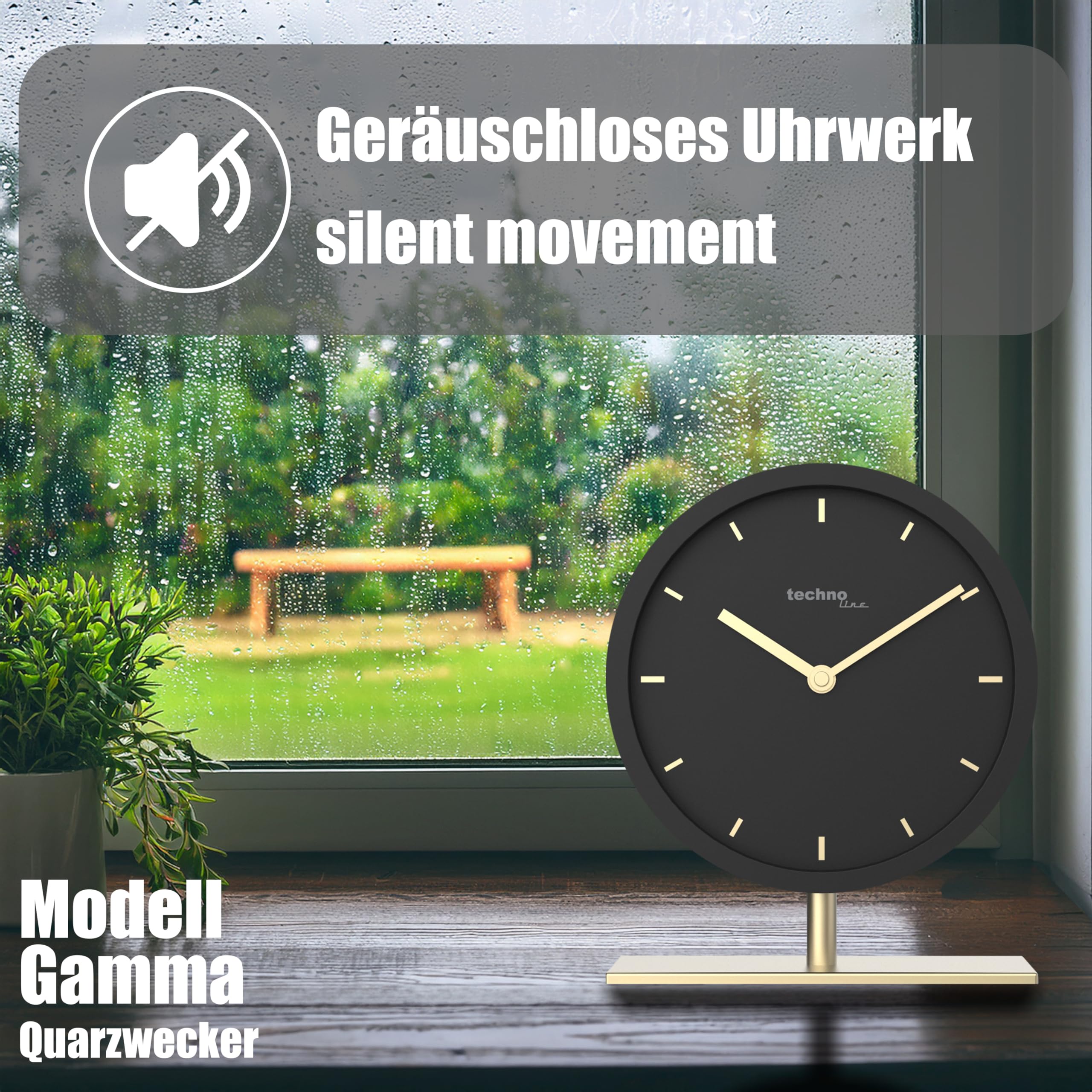 Technoline Modell Gamma Quarzwecker | Analog | Schwarz-Gold | Design Tischuhr | Leise Quarzuhr | Batteriebetrieben | Moderne Standuhr | Dekouhr | Wohnzimmer | Schlafzimmer | Büro