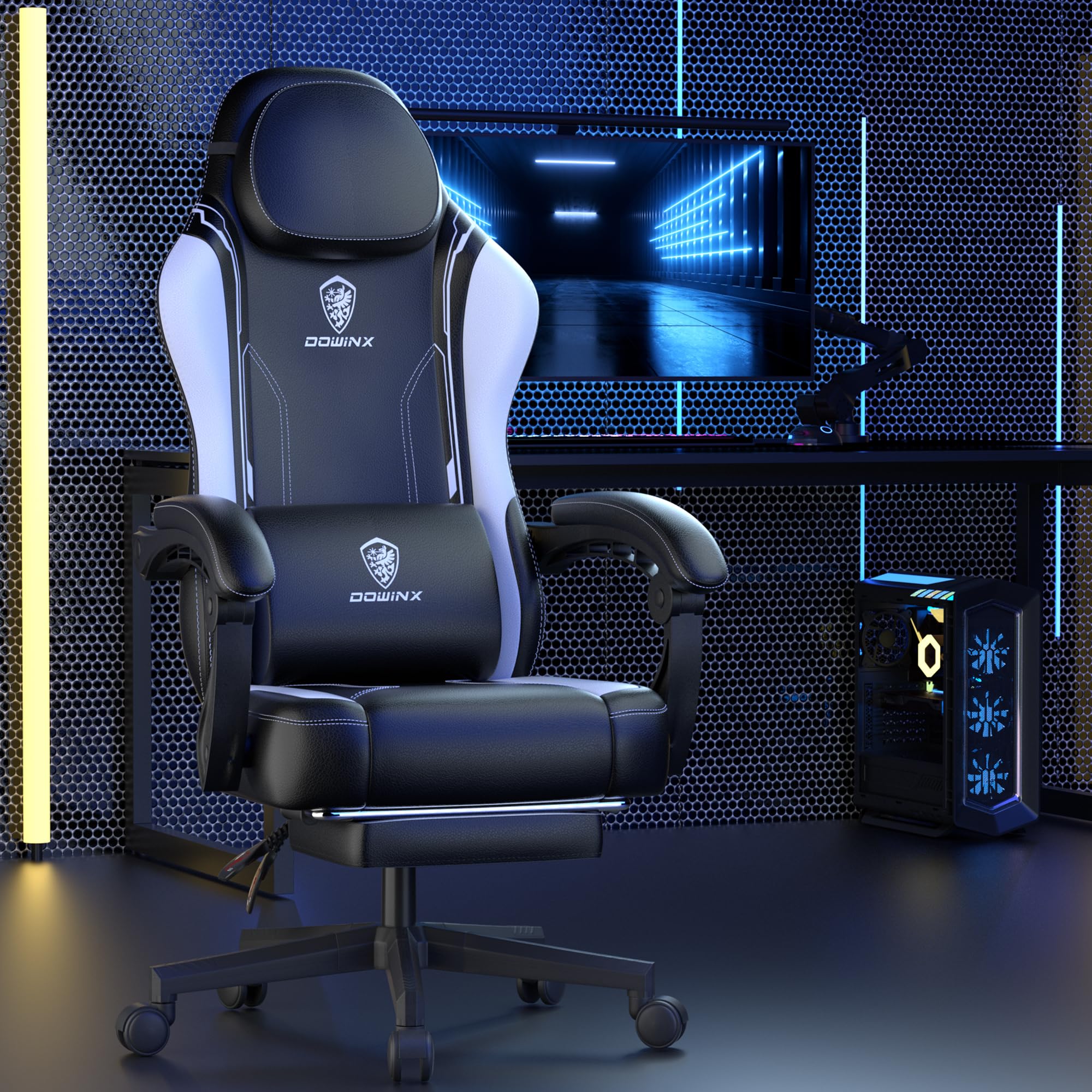Dowinx Chaise de gamer, ergonomique, avec soutien lombaire, en cuir synthétique et polycarbonate, dossier élargi, charge maximale de 150 kg, blanche