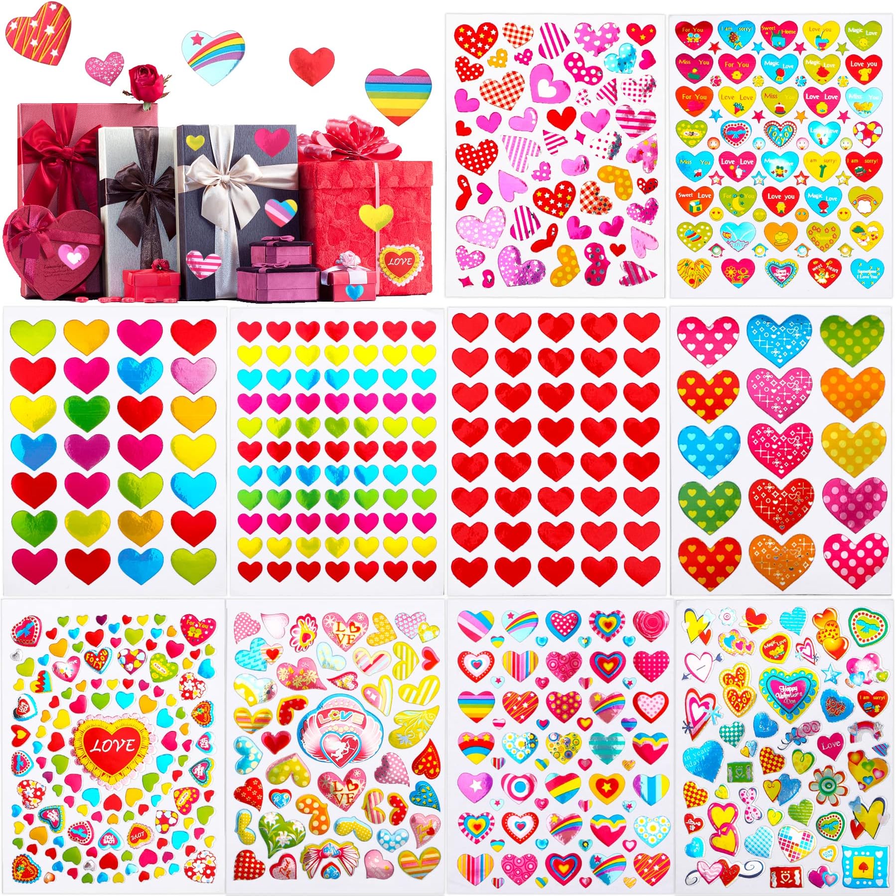 JULMELON 100 Sheets Valentines Heart Stickers Glitter Colorful Love Heart Stickers for Kids Craft Scrapbook Decorative Heart Stickers Bulk for Valentine's Day, Party Favor Favors