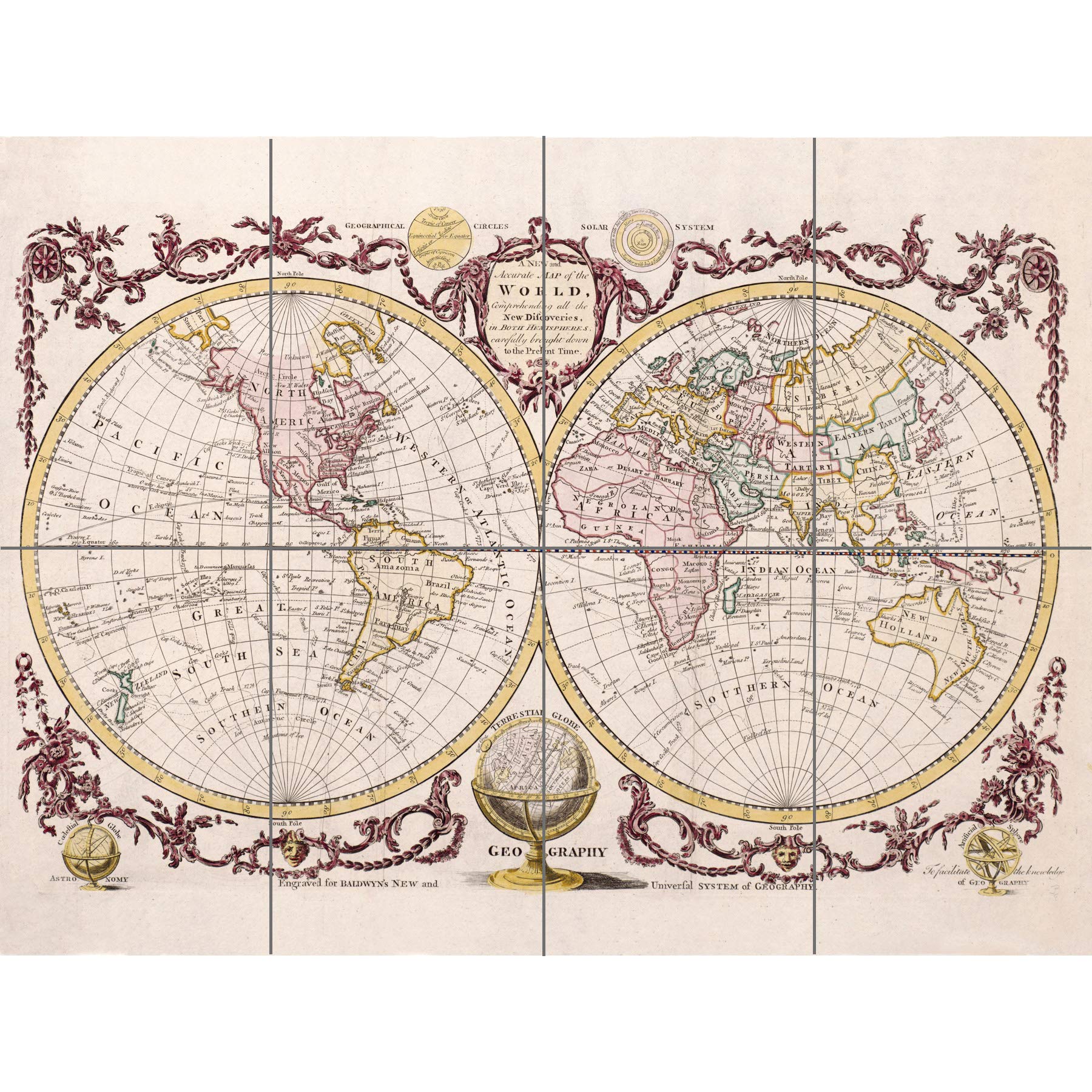 Artery8 Map Of The World Vintage XL Giant Panel Poster (8 Sections)