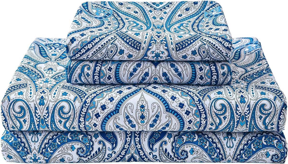 Softan Blue Paisley Printed Queen Size Sheet Set, Blue Floral Sheets Queen, Cozy Microfiber Fitted Sheet with 15" Deep Pocket & Non-Slip Straps, Flower Patterned Sheets & Pillowcase Sets