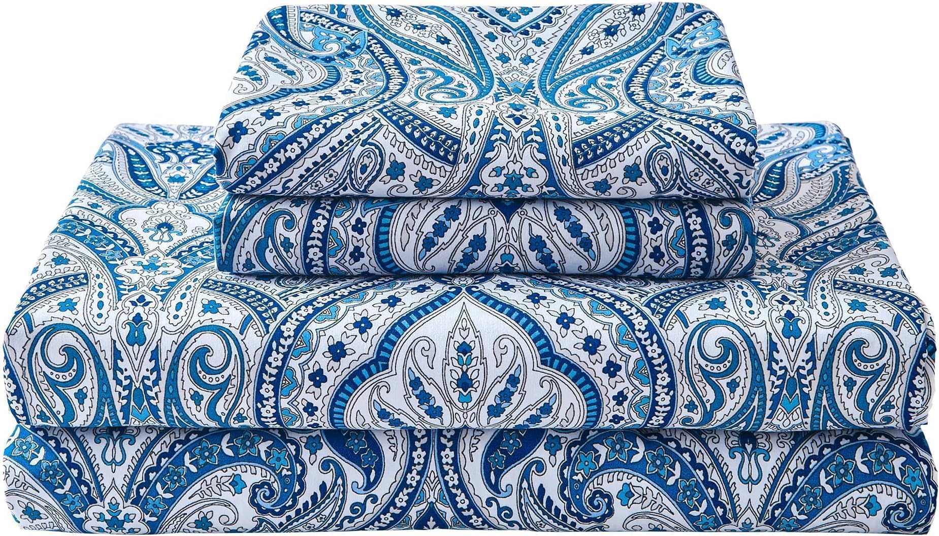 Softan Blue Paisley Printed Bed Sheets Full Size, Floral Sheet Set Full, Brushed Microfiber Patterned Fitted Sheet with 15" Deep Pocket & Non-Slip Straps, Blue Flower Sheets & Pillowcase Set