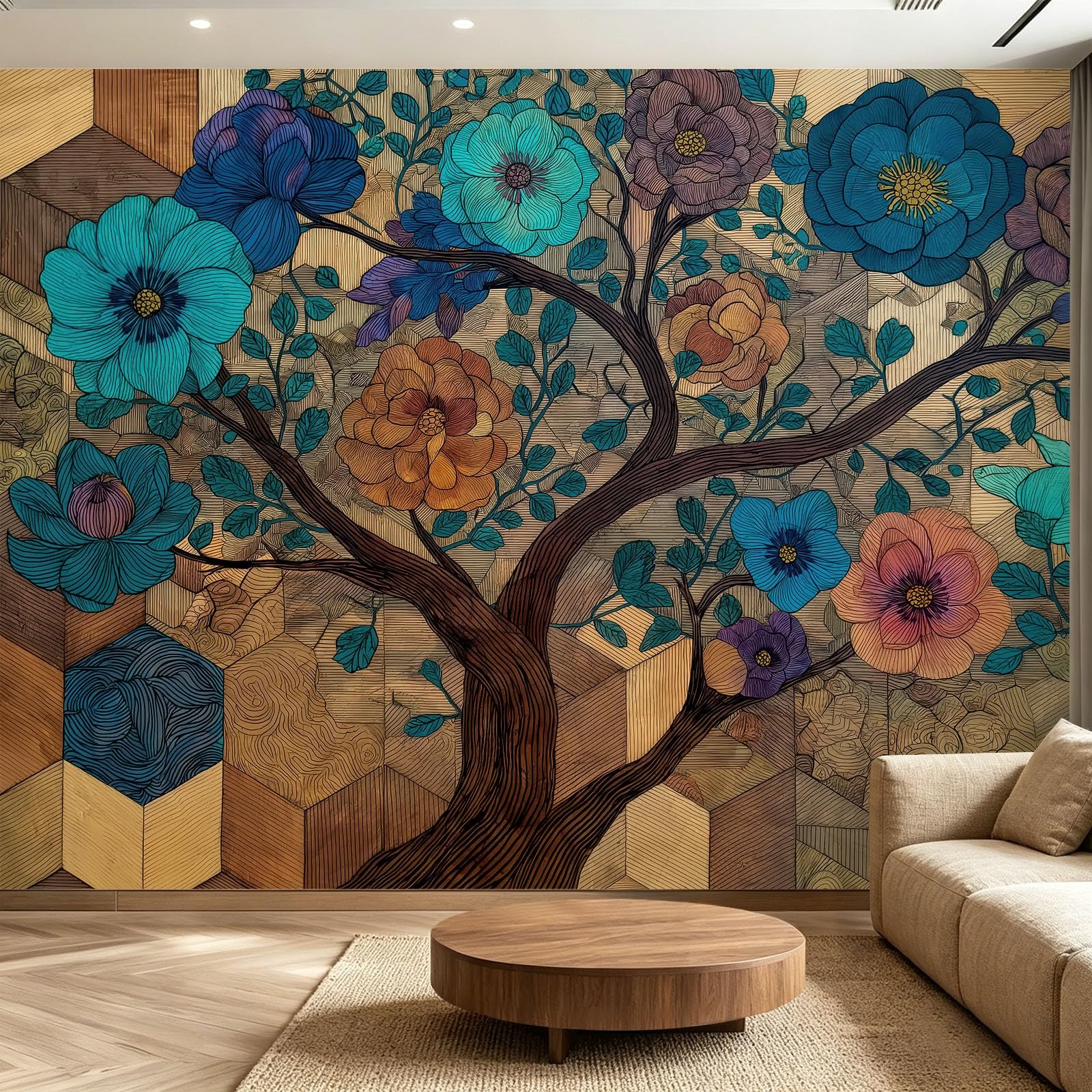 Fresque murale botanique pour créer une atmosphère vintage et fleurie dans votre salon