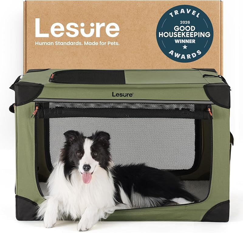 Caixa de Transporte Dobrável para Cães Grandes LE SURE com Estrutura de Ferro, Tela Respirável e Tapete Lavável, Verde, 91,44 × 63,5 × 63,5 cm
