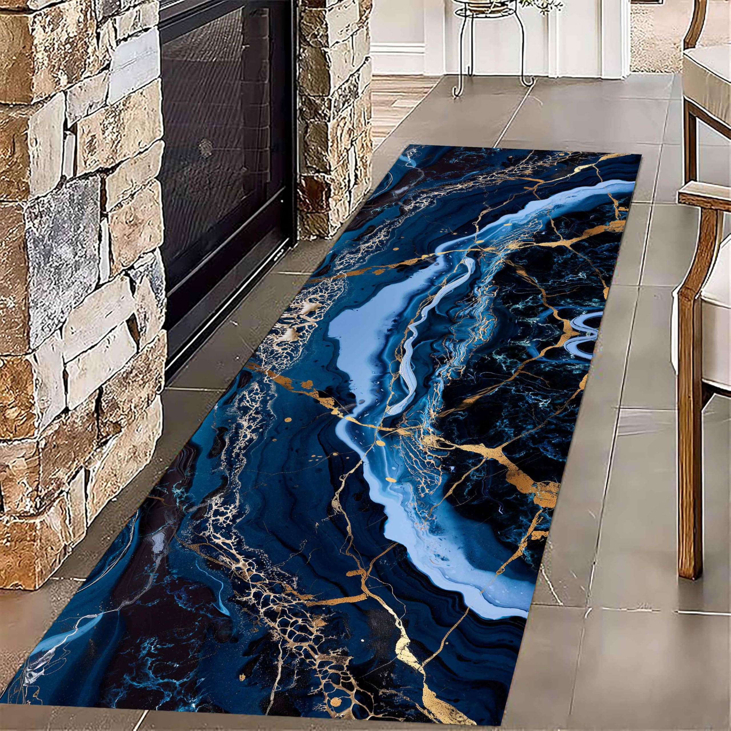 USHIRUG Modern Abstract Runner Rug,120x360cm, Living Room Carpet Luxury Marble Vortex Design, Dining Bedroom Area Rugs Non-Slip Washable Long Hallway Rugs, Navy Hall Runner for Kitchen Laundry Room — image 1