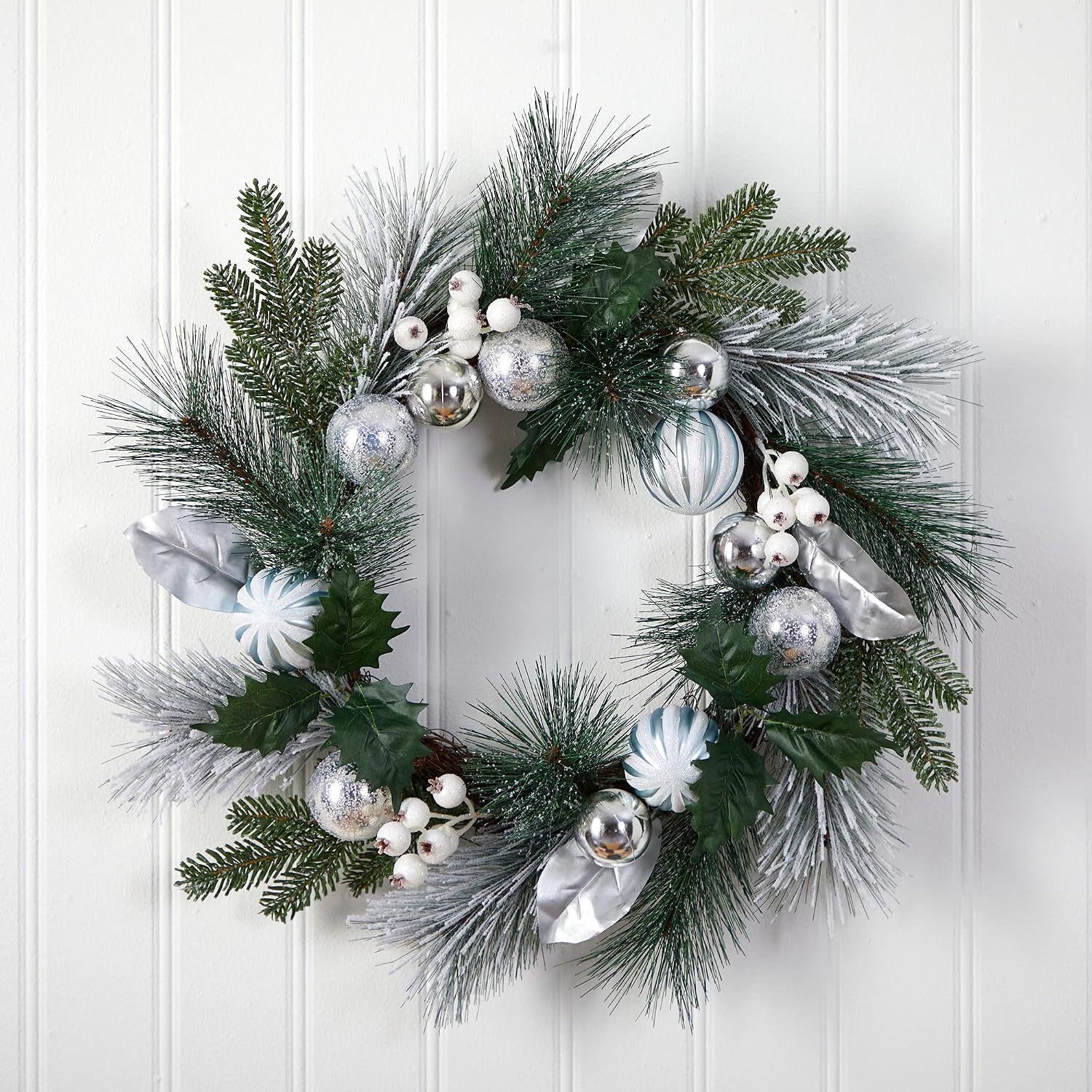 Nearly Natural 24in. Pinecones and Berries Christmas Artificial Wreath with Silver Ornaments