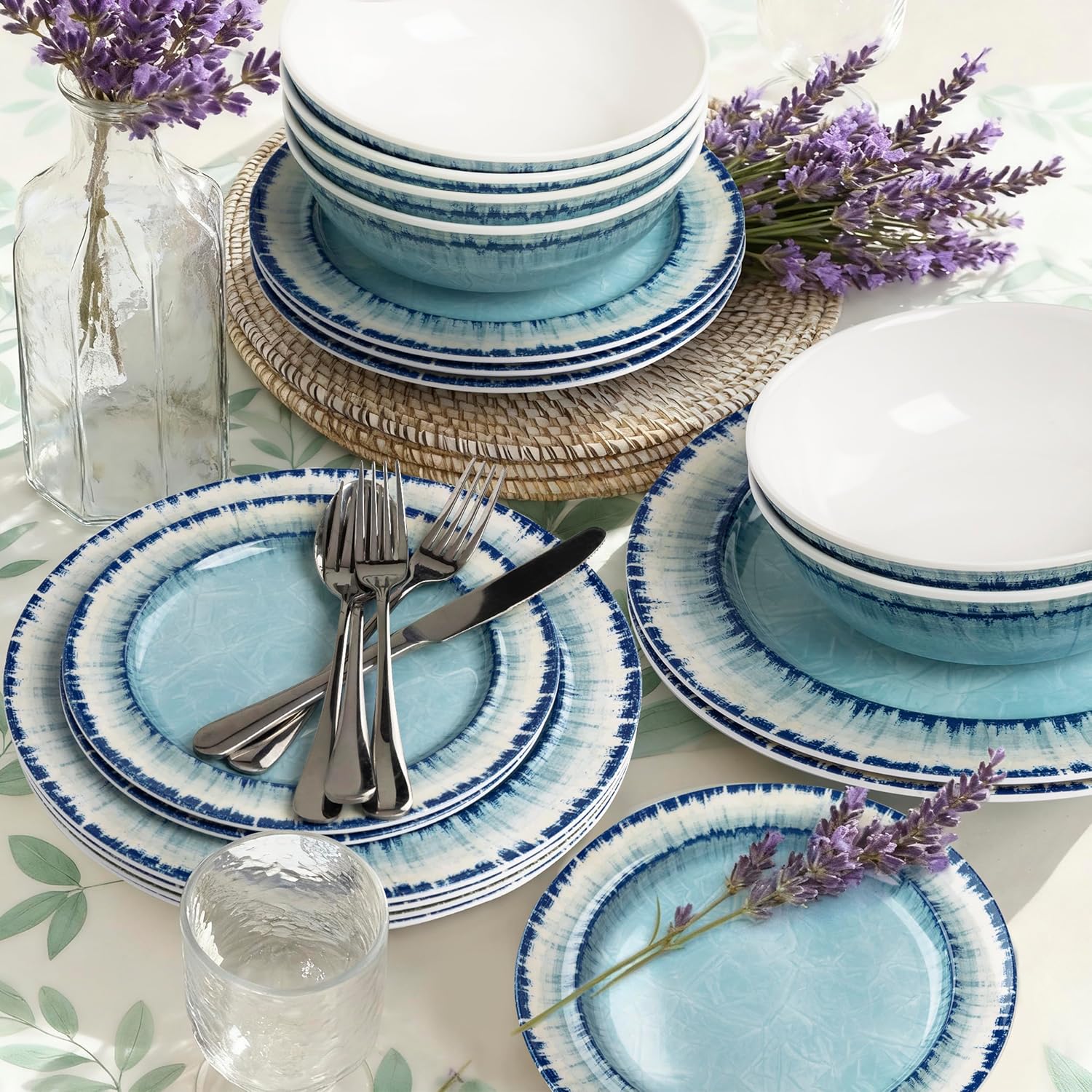 AELS Melamine Dinnerware Set of 18 Pcs Dinner Dishes Set, Lightweight Unbreakable for Indoor and Outdoor Use, BPA Free, Dishwasher Safe, Light Blue