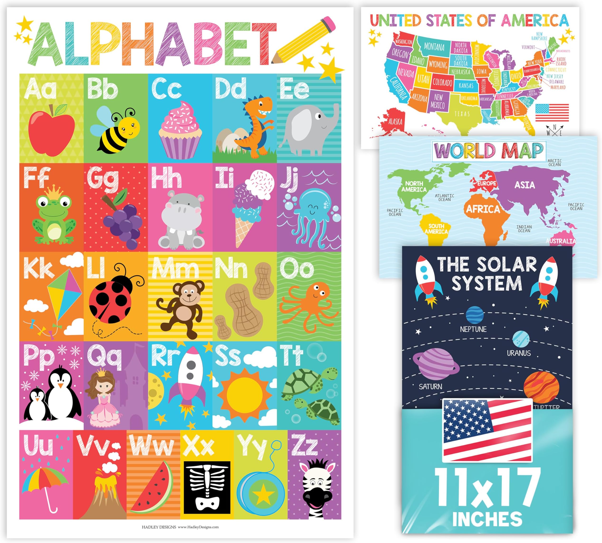 4 Alphabet, Map of United States, World Map, & Solar System Posters - Laminated ABC Charts for Toddlers Wall Decor, Colorful Posters for Kindergarten, Prek Classroom or Homeschool 11x17