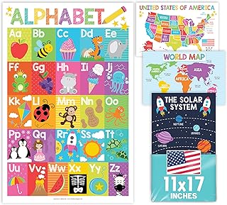 4 Alphabet, Map of United States, World Map, & Solar System Posters - Laminated ABC Charts for Toddlers Wall Decor, Colorful Posters for Kindergarten, Prek Classroom or Homeschool 11x17
