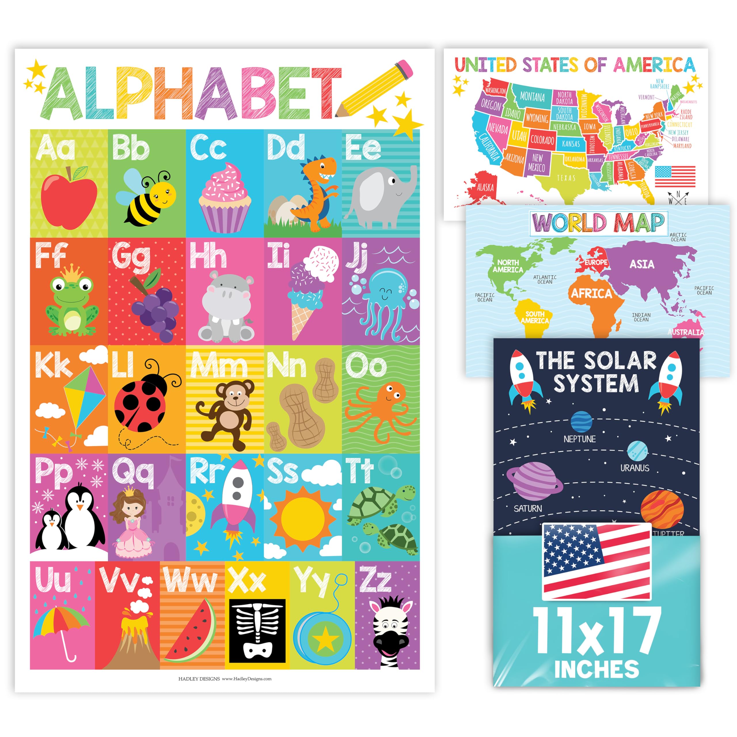 4 Alphabet, Map of United States, World Map, & Solar System Posters - Laminated ABC Charts for Toddlers Wall Decor, Colorful Posters for Kindergarten, Prek Classroom or Homeschool 11x17