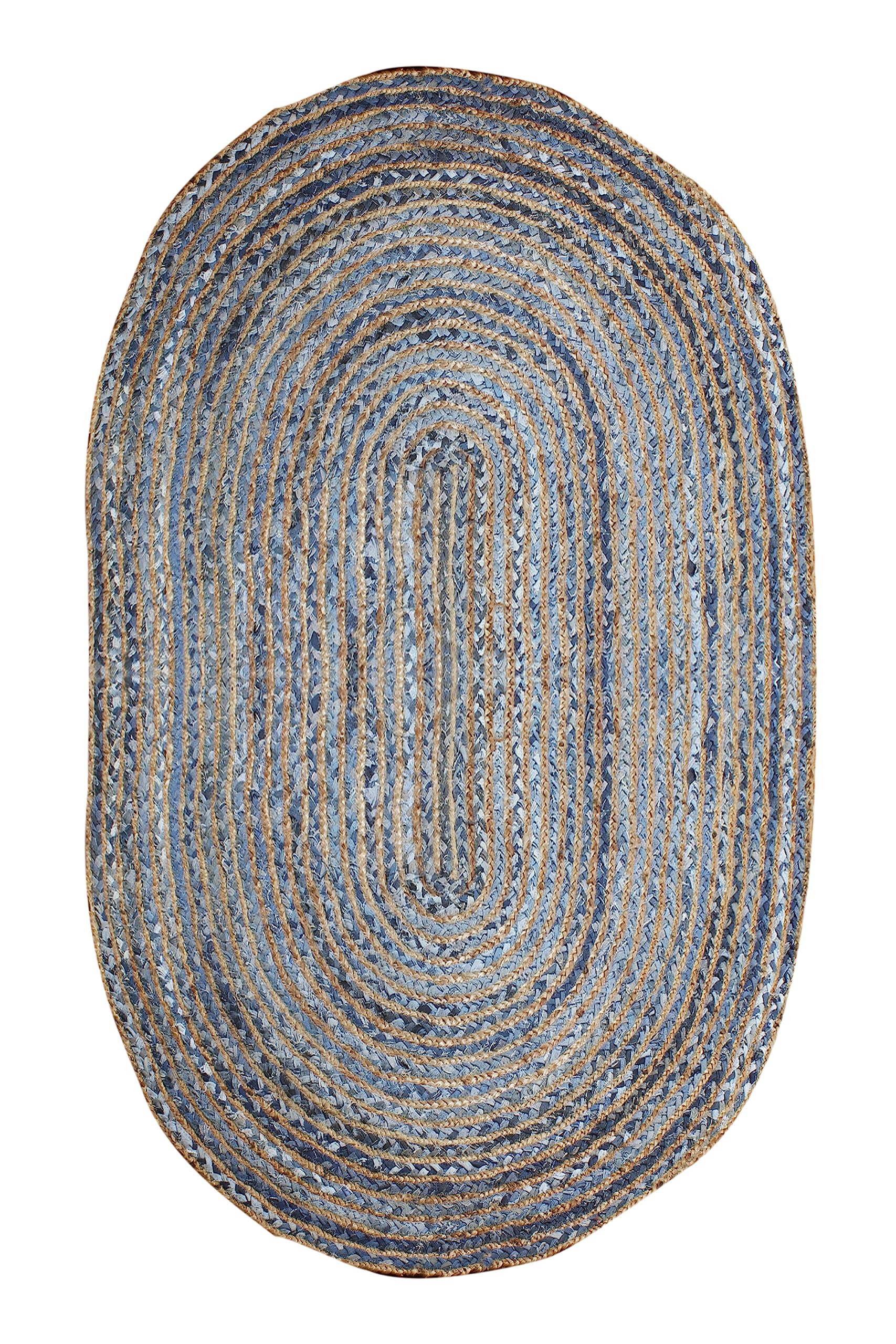 Tapis ovale bleu et beige en coton et jute tressé main de 0,6 x 1,2 m pour couloir