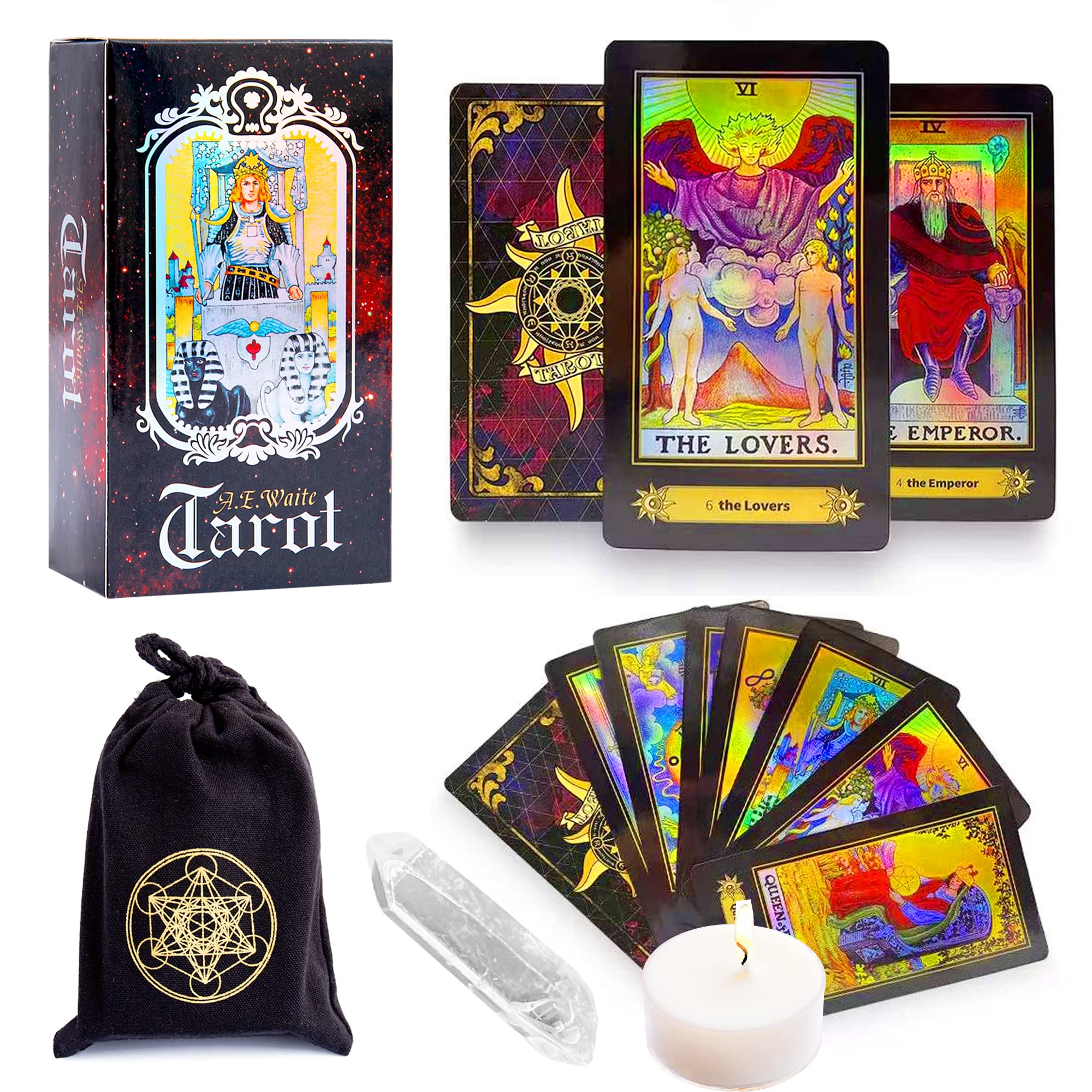 Amazon.com: shoprotik Tarot Cards Deck, Holographic Tarot Cards for  Beginners with Guidebook,Tarot Deck Holder Bags & Stones kit (King Set with  Candle) : Toys & Games