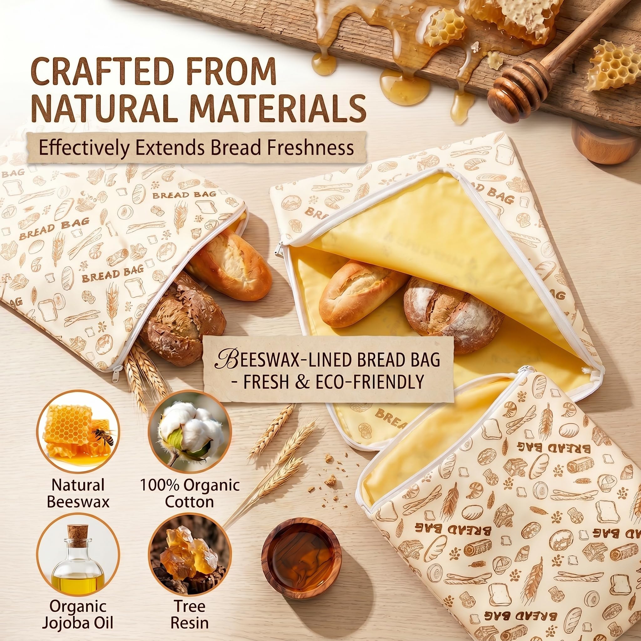 Set da 2 Sacchetti per Pane in Cera d'Api Riutilizzabili 43.2x33cm,Buste in Cotone Rivestito Naturale con Cerniera,Per Pane Fatto in Casa,Prodotti da Forno,Frutta e Verdura,Conservazione Alimenti