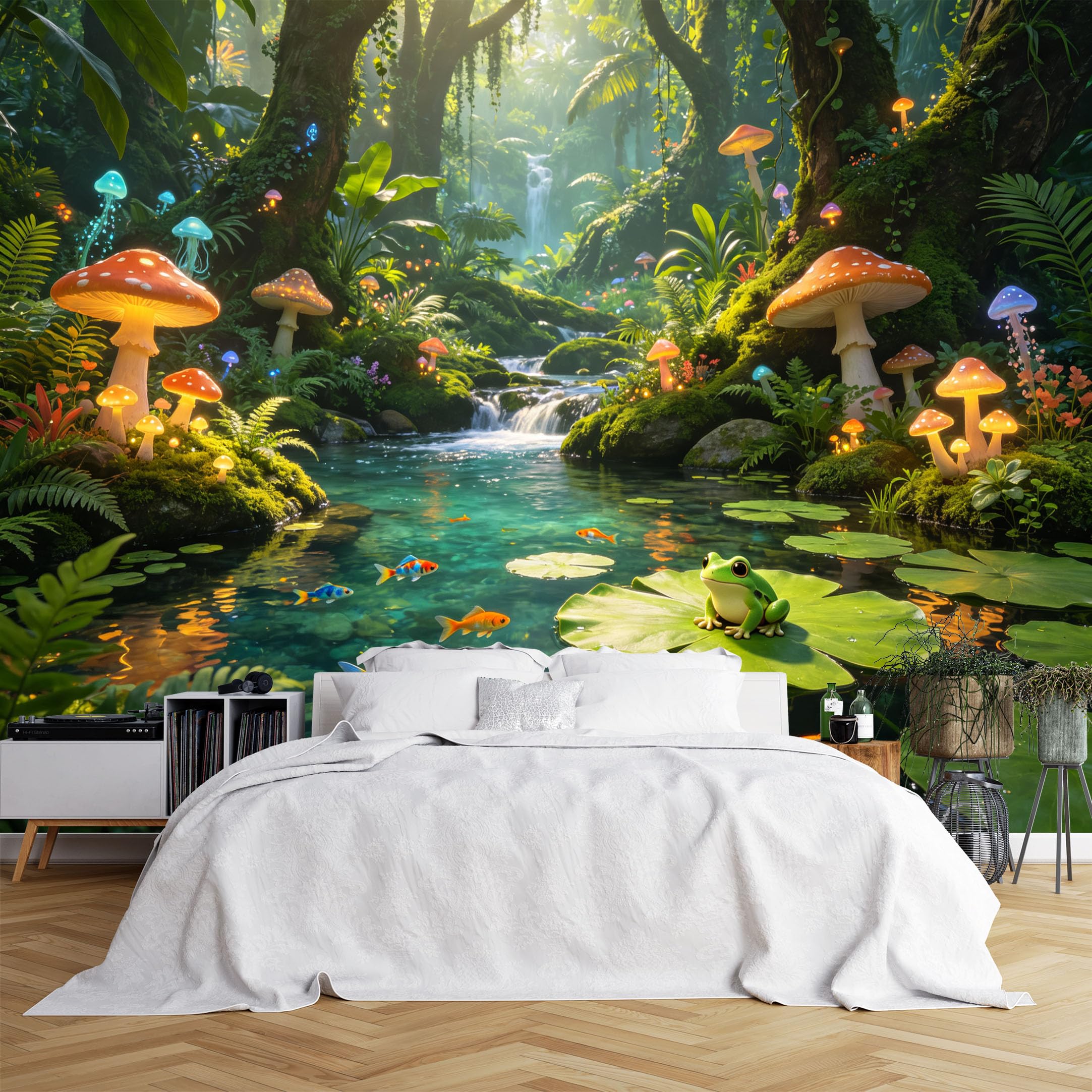 Lcythiazole Ch260615244 Custom Size Wall Murals Magical Glowing Mushroom Forest Frog Stream Hd Wall Covering Fabric Self-Adhesive Wall Fabric (No Pvc) Removable Wallpaper For Kids Room