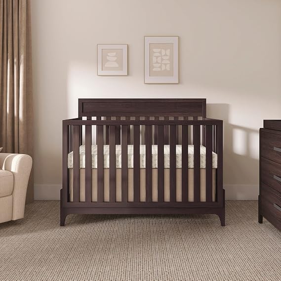 Evolur Atlas 5-in-1 Convertible Full-Size Baby Crib in Chestnut, GreenGuard Gold & BSA, Timeless Modern Minimalist, 3 Mattress Heights, Converts to Toddler, Day & Full-Size Bed