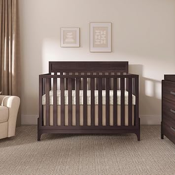 Evolur Atlas 5-in-1 Convertible Full-Size Baby Crib in Chestnut, GreenGuard Gold & BSA, Timeless Modern Minimalist, 3 Mattress Heights, Converts to Toddler, Day & Full-Size Bed