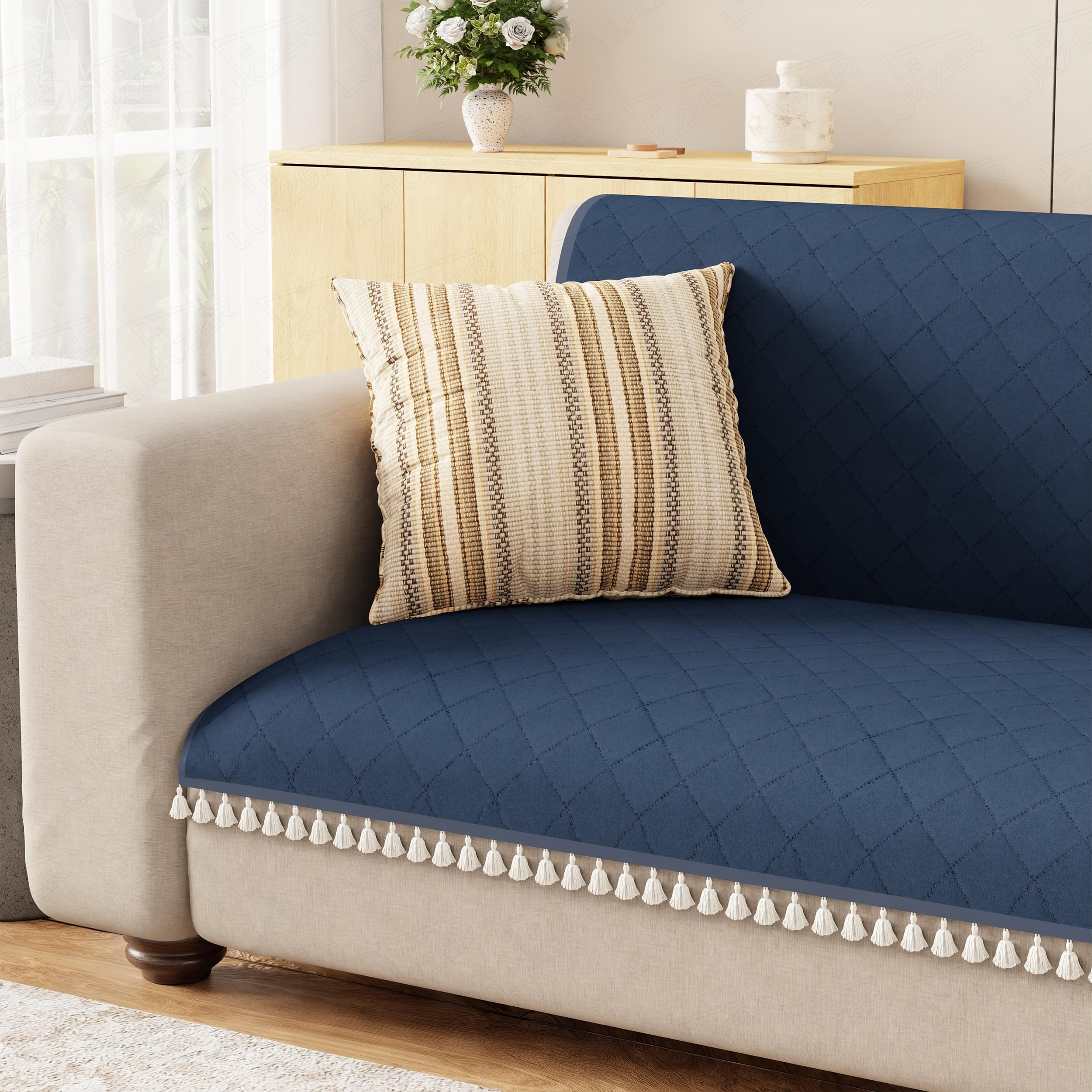 Lukzer Quilted Sofa Cover Mat with Tassels for 5 Seater Sofa - Midnight Blue | Soft Washable Anti-Slip Protector for Living Room | Furniture Cover for Back-Seat Slipcover 3+1+1 Seat Cover/SC-191-5T-image-0