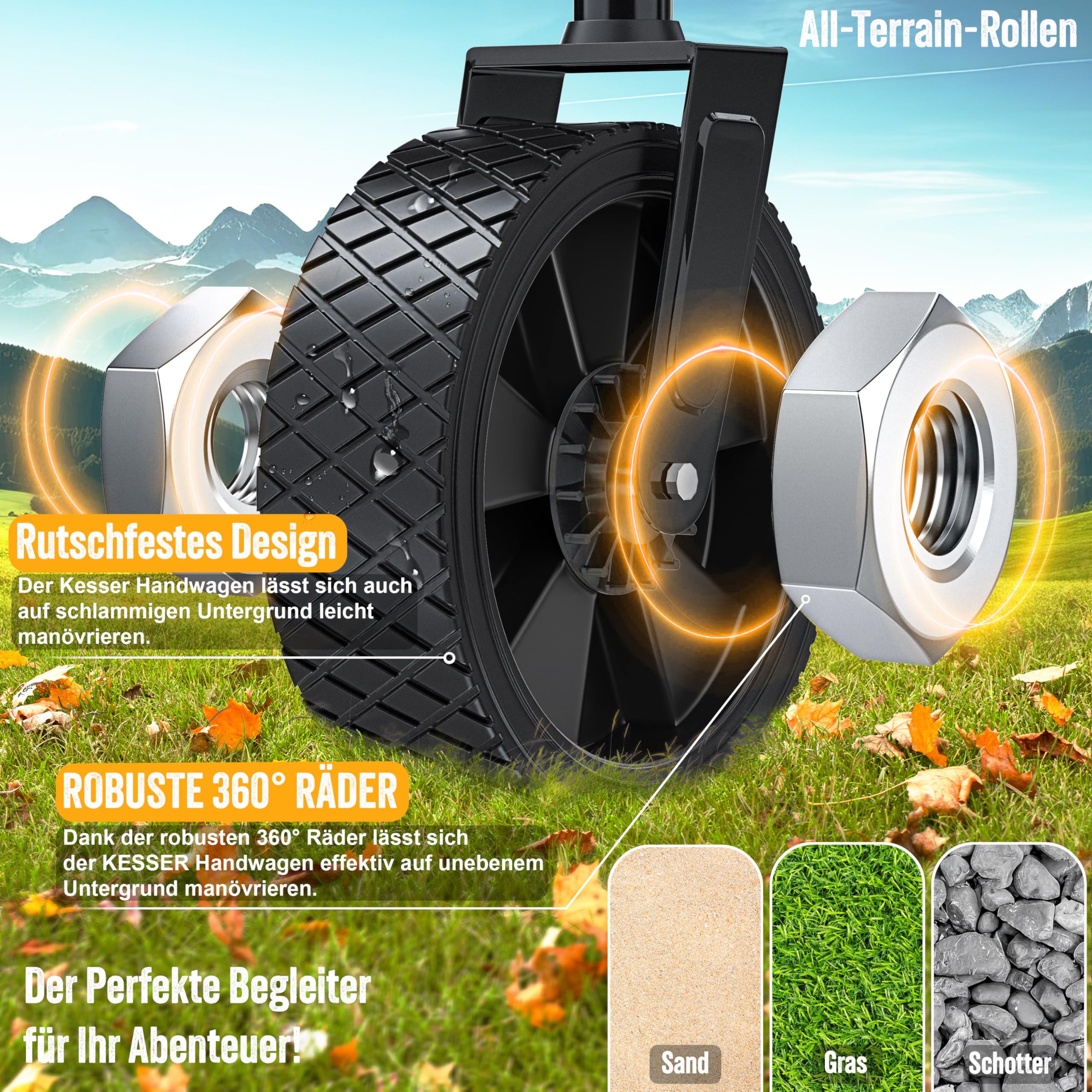 KESSER® Carrello Pieghevole Carrello a Mano Carretto da Trasporto | incl. 2 Tasche a Rete | Pieghevole | Ruote in PVC | capacità di carico Fino a 80 kg Carretto da Trasporto