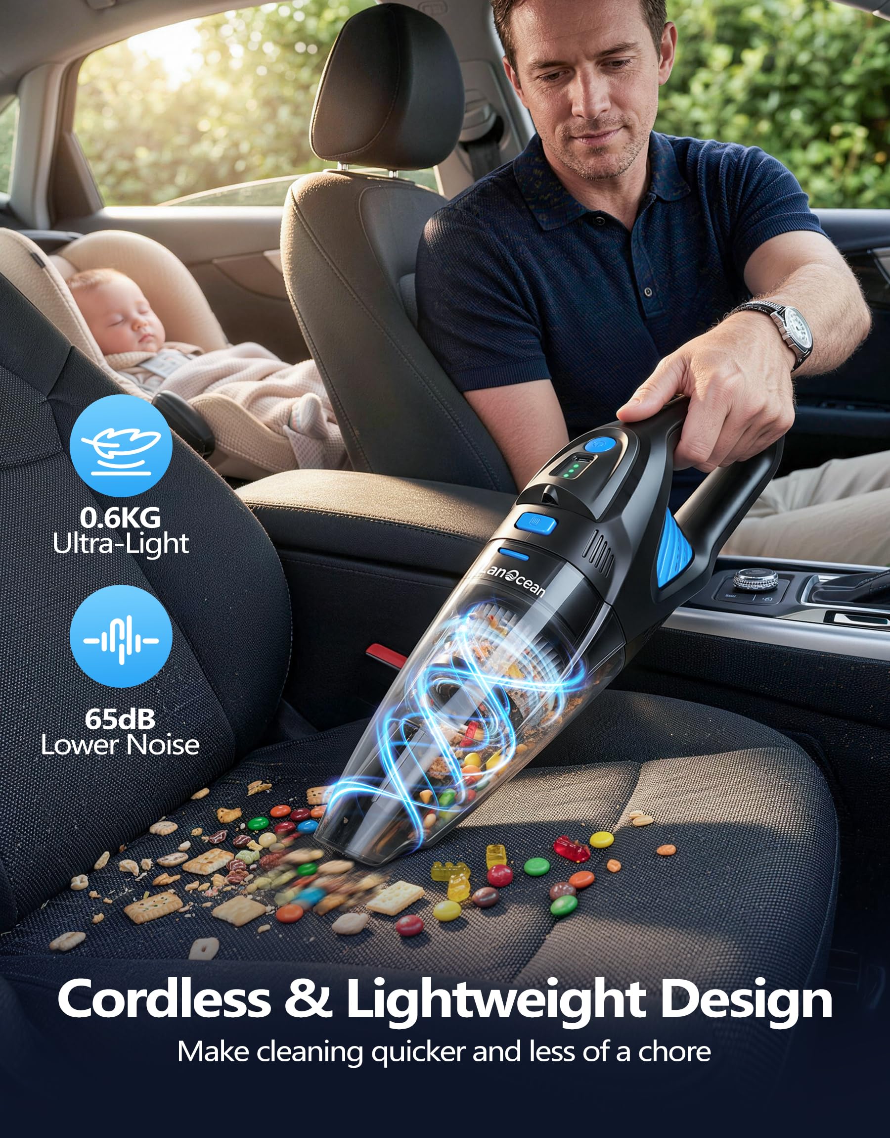 LanOcean Handstaubsauger Akku mit Ladestation, 25000Pa Kabelloser Handstaubsauger Auto mit LED Beleuchtung & 2PC Waschbar HEPA-Filter, 120W Nass&Trocken Autostaubsauger Stark für Haus Küche Tierhaare