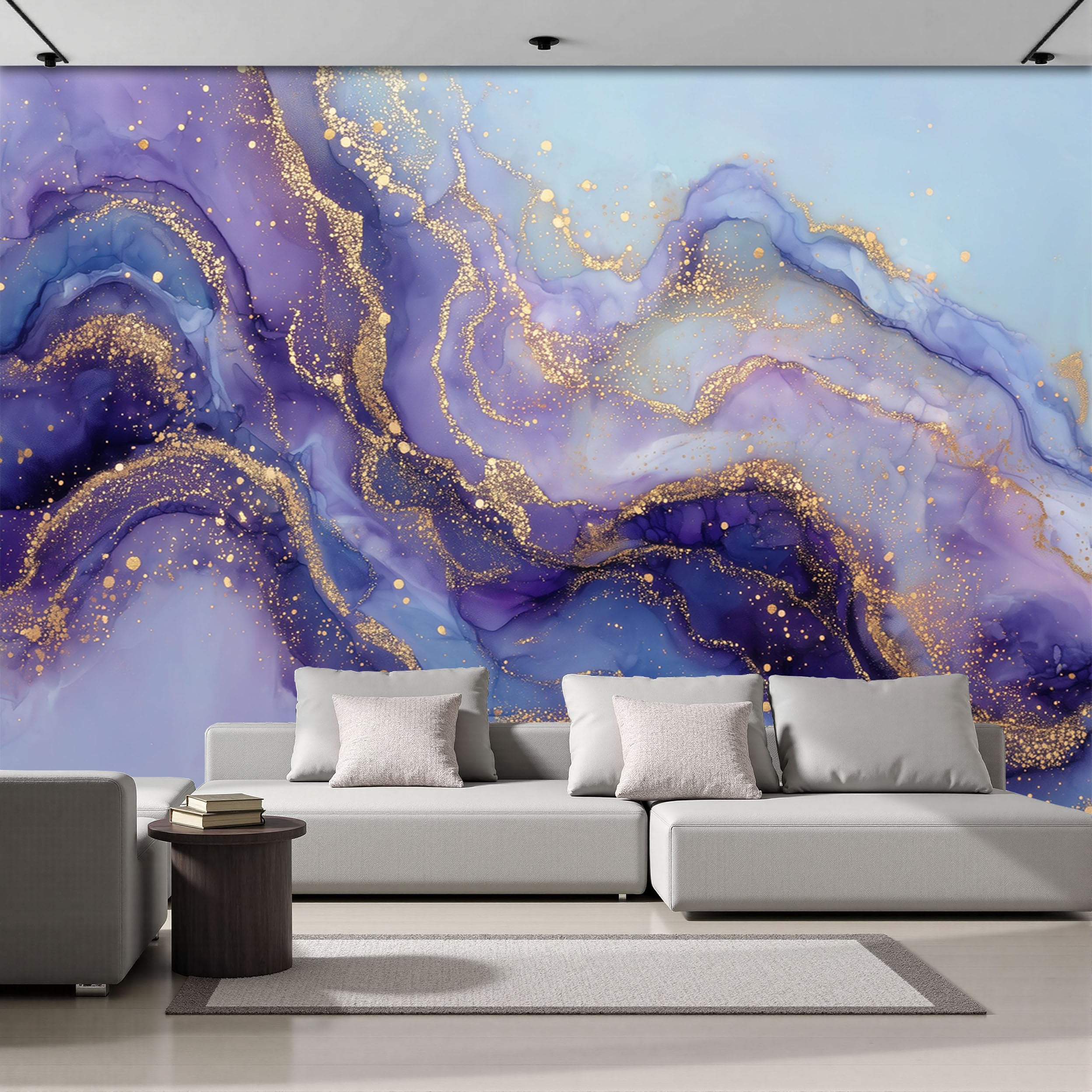 Papier peint panoramique violet ciel étoilé marbre 3D intissé pour salon 200x140 cm
