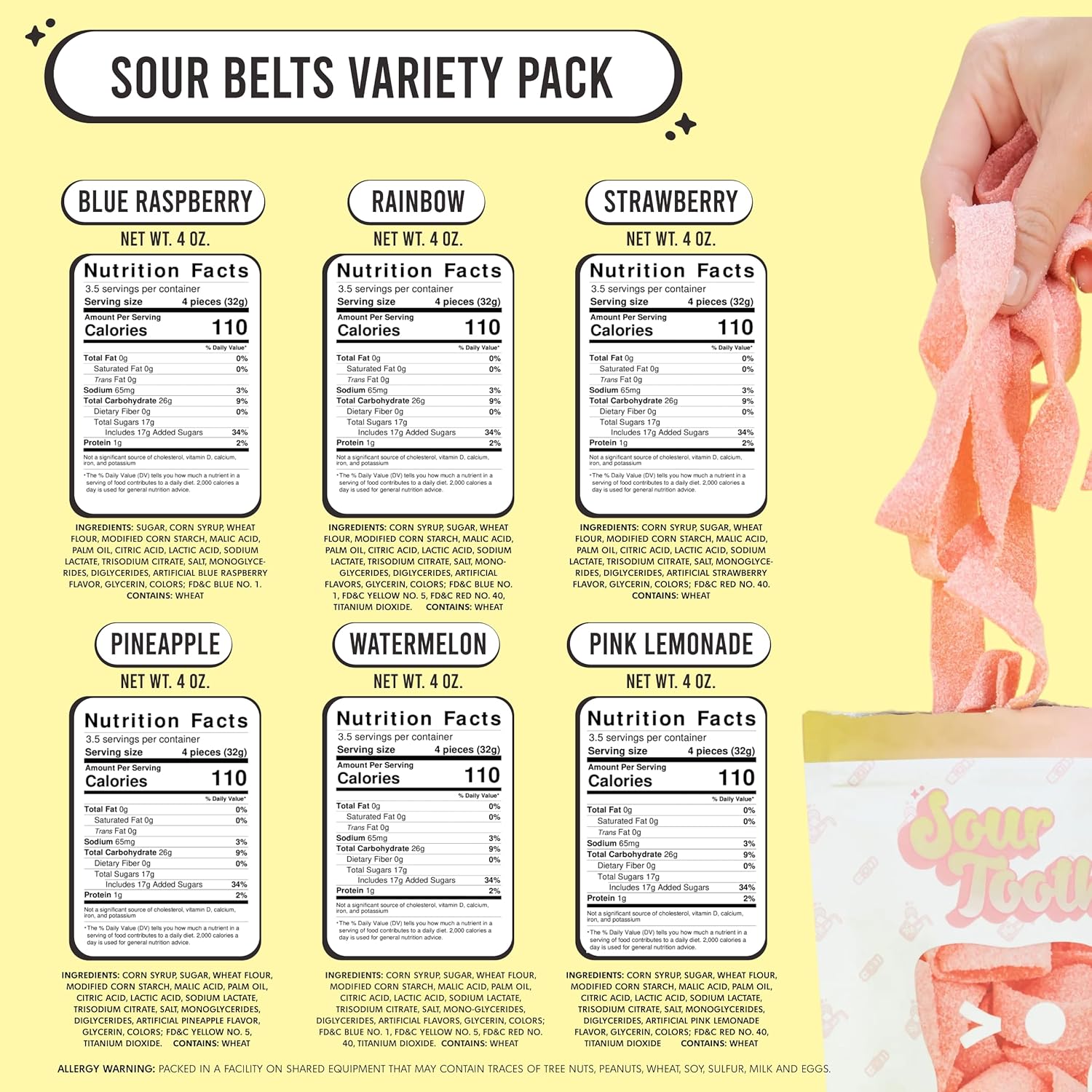 Fruity Berry Sour Belts Candy, 6 Pack Gummy Sour Strips, Blue Raspberry, Rainbow, Strawberry, Watermelon, Pink Lemonade and Pineapple, Super Sour Strips, Fresh, Soft and Chewy, 14 Per Bag, 4 oz