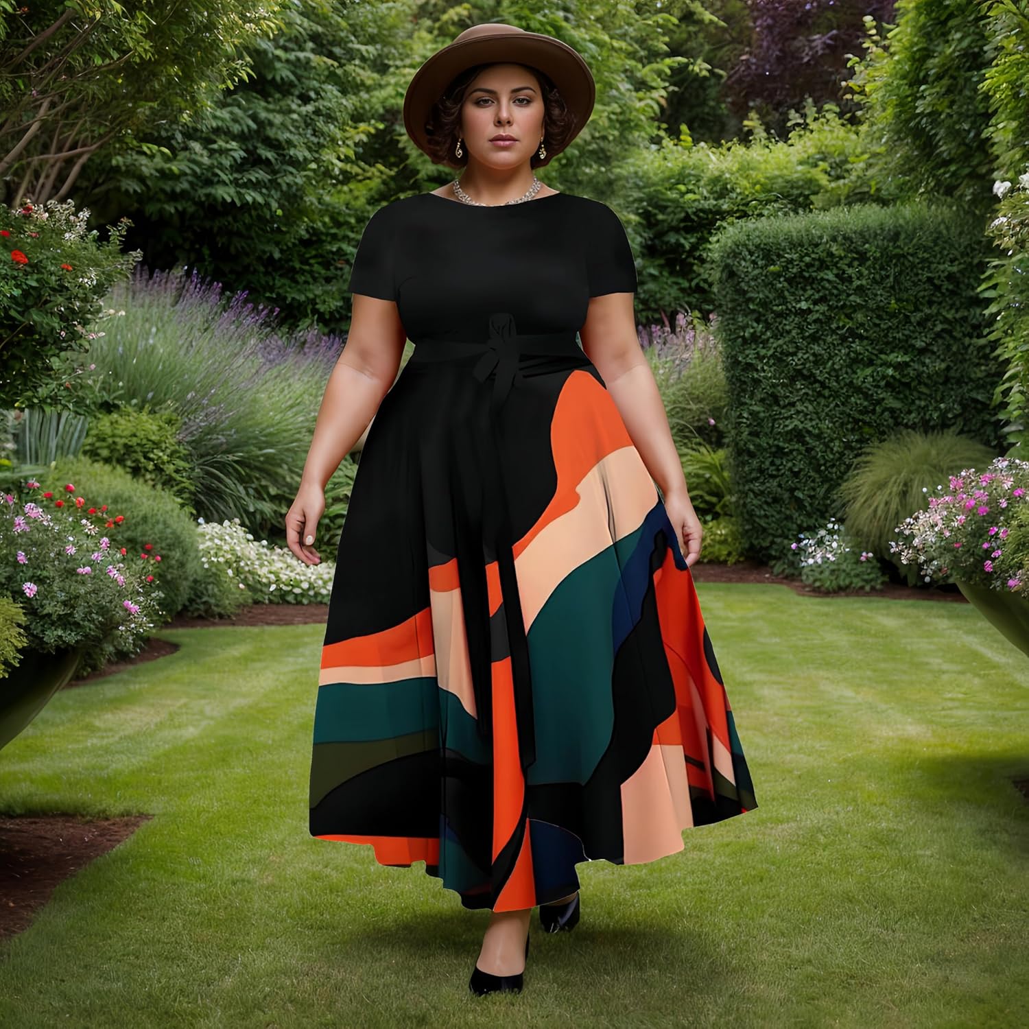 Women Plus Size Formal A Line Maxi Dress Self Tie Waist with Pockets Elegant Round Neck Swing Long Dresses - Image 4