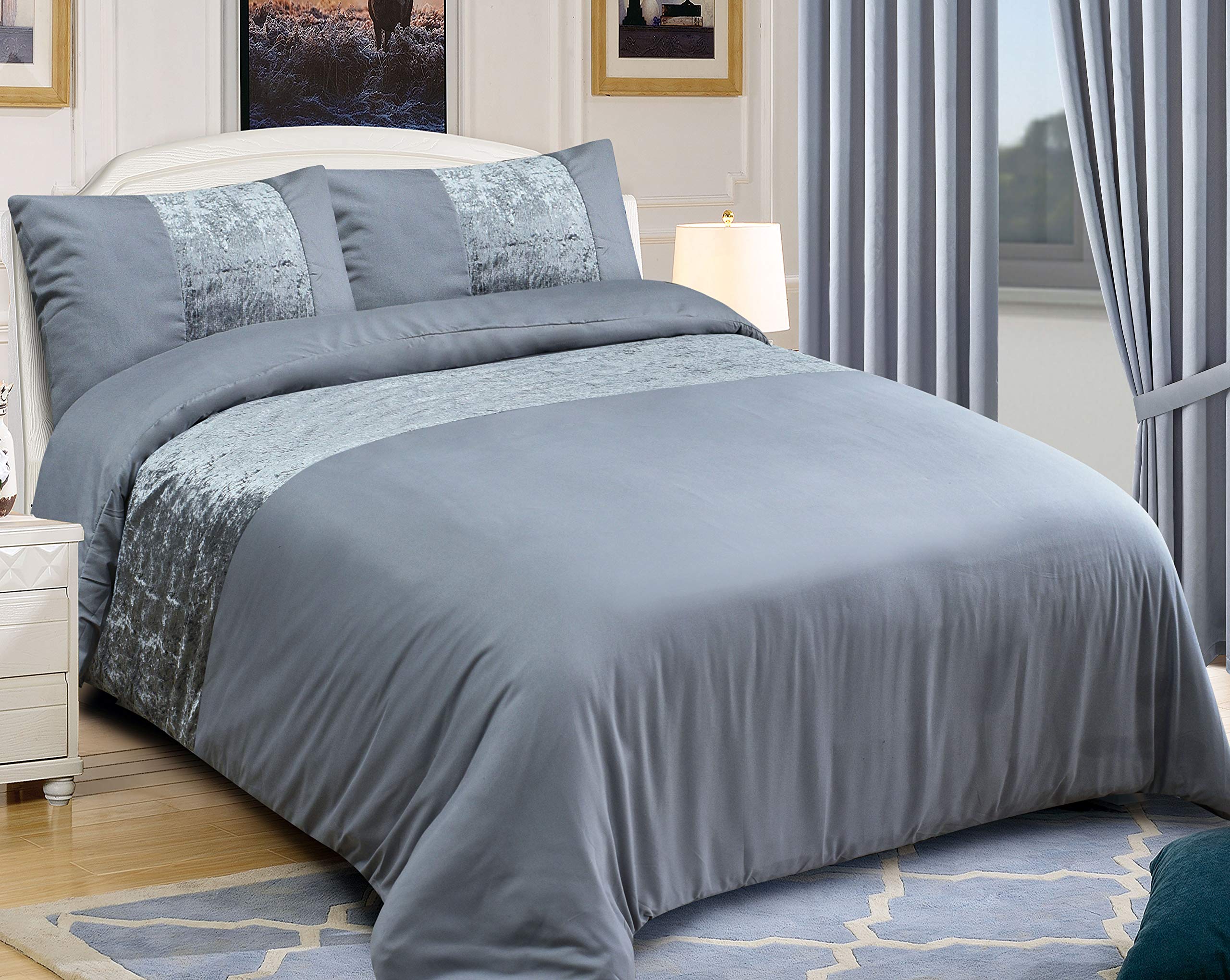 Zimel Homes Silver Silver Crushed Velvet Microfiber Panel Duvet Quilt Cover Bedding Set With Pillowcases – Single Size (137X200cm)