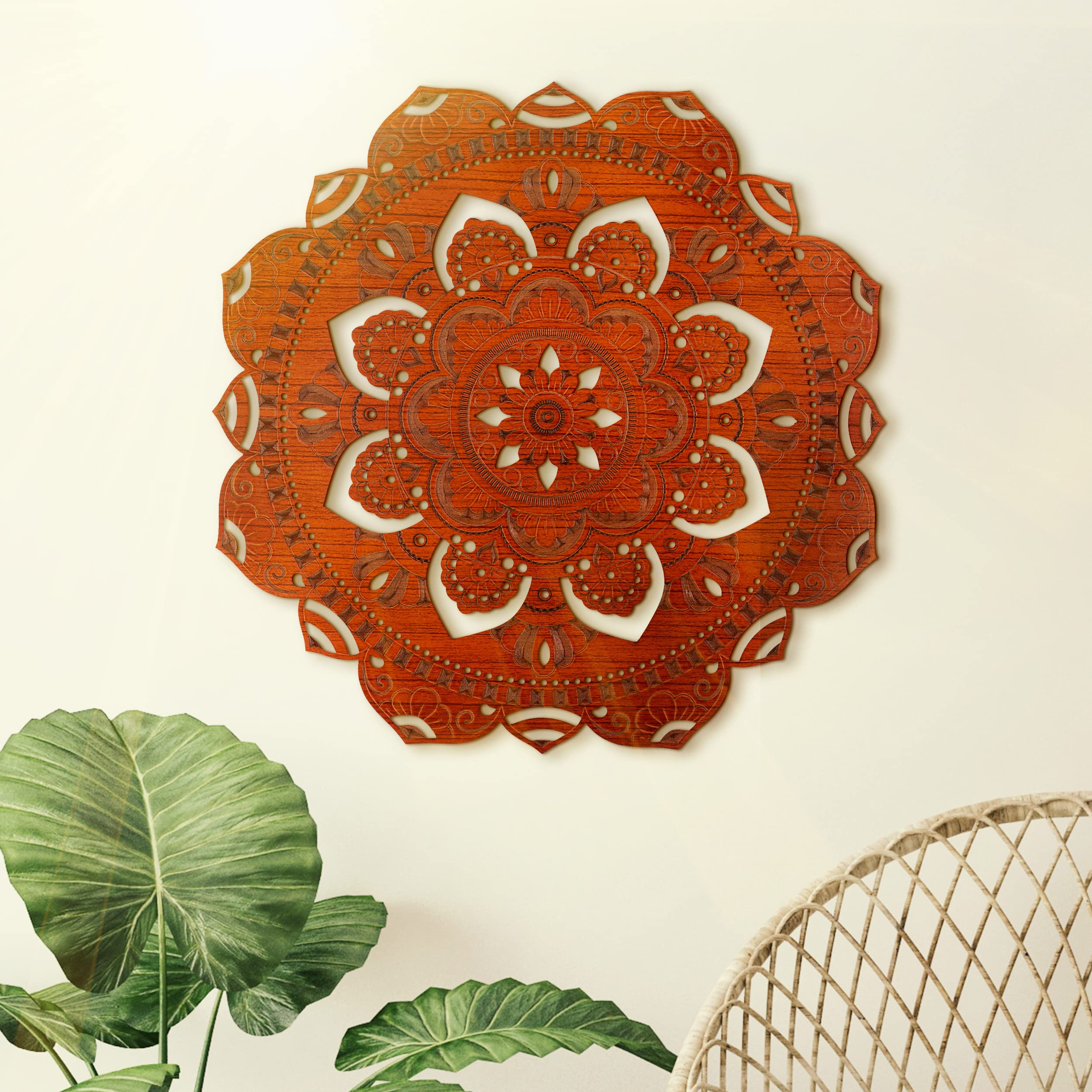 WoodfulArt Wood Wall Decor Flower Power Mandala - Hanging Wood Wall Art with Engraved Design, Flower of Life Wooden Decoration - Sacred Geometry Wall Art for Home or Yoga Studio - 16.4" W x 16.4" H