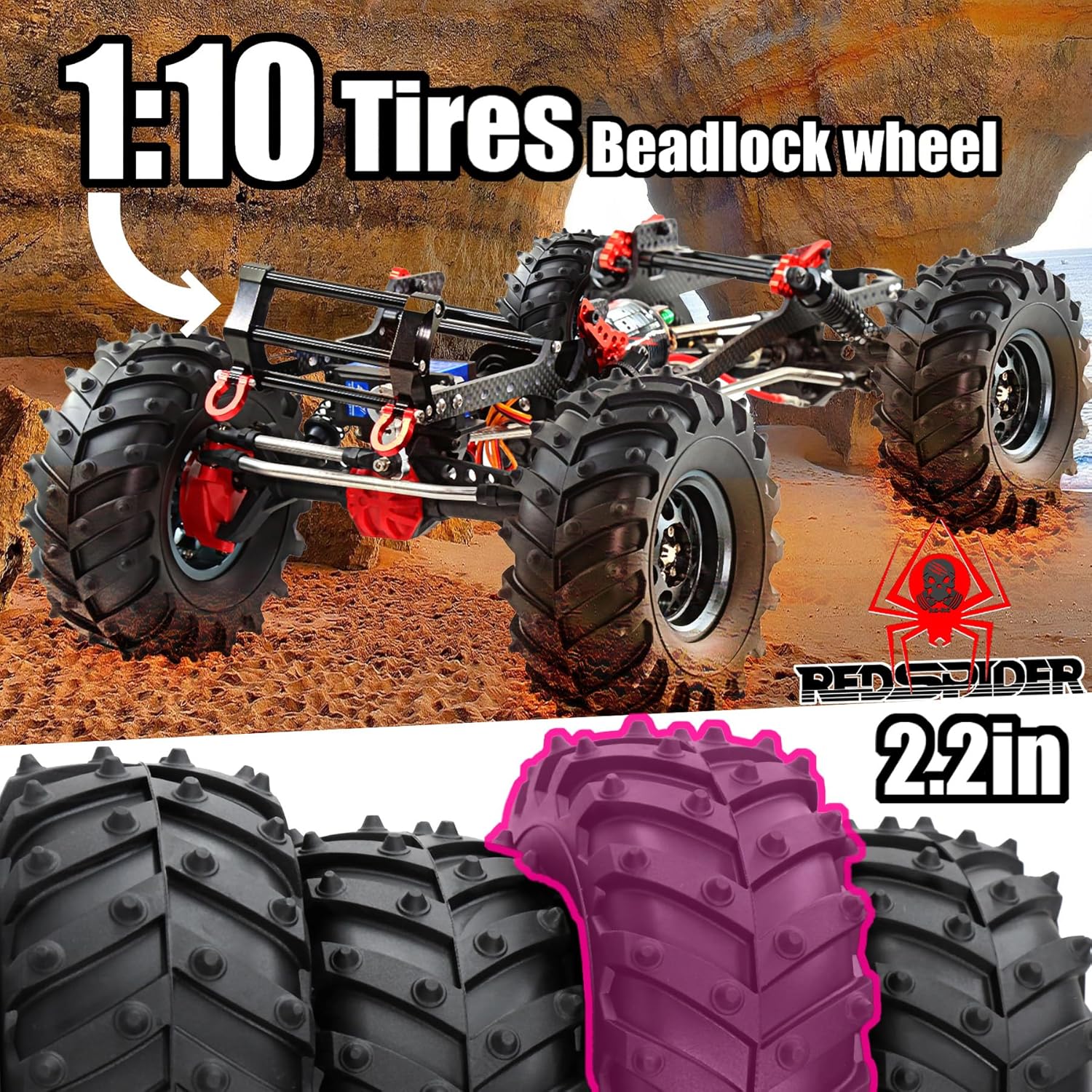 REDSPIDER • 2.2 Crawler Tires Rubber 2.2'' Crawler Monster Spike Tire(4pcs) for 1/10 RC Crawler Car TRX4 TRX6 Axial SCX10 90046 SCX10 III AXI03007 Tamiya CC01 D90 D110 (Tire)