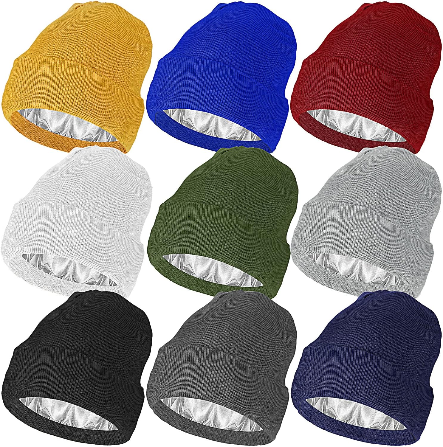 9 Pcs Satin Lined Winter Beanies Silk Lining Hats Acrylic Knitted Watch Hat Slouchy Beanie Caps Soft Warm