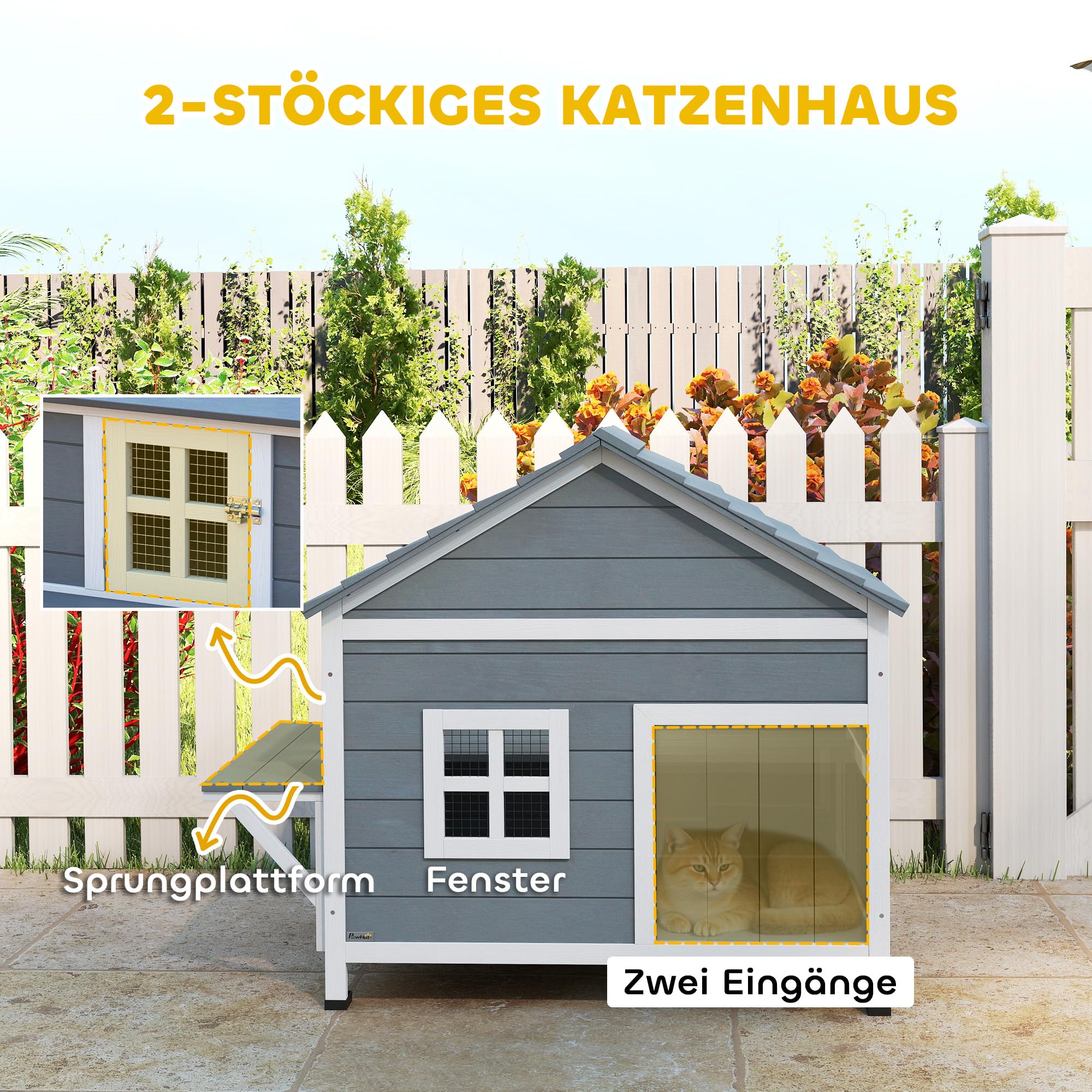 PawHut Domek dla kotów z drewna, 2 poziomy, zamykany wodoodporny dach, podwyższona podstawa, boczna platforma, okno, dla 1-2 kotów do 5 kg, 101 x 72,5 x 81 cm, Szary