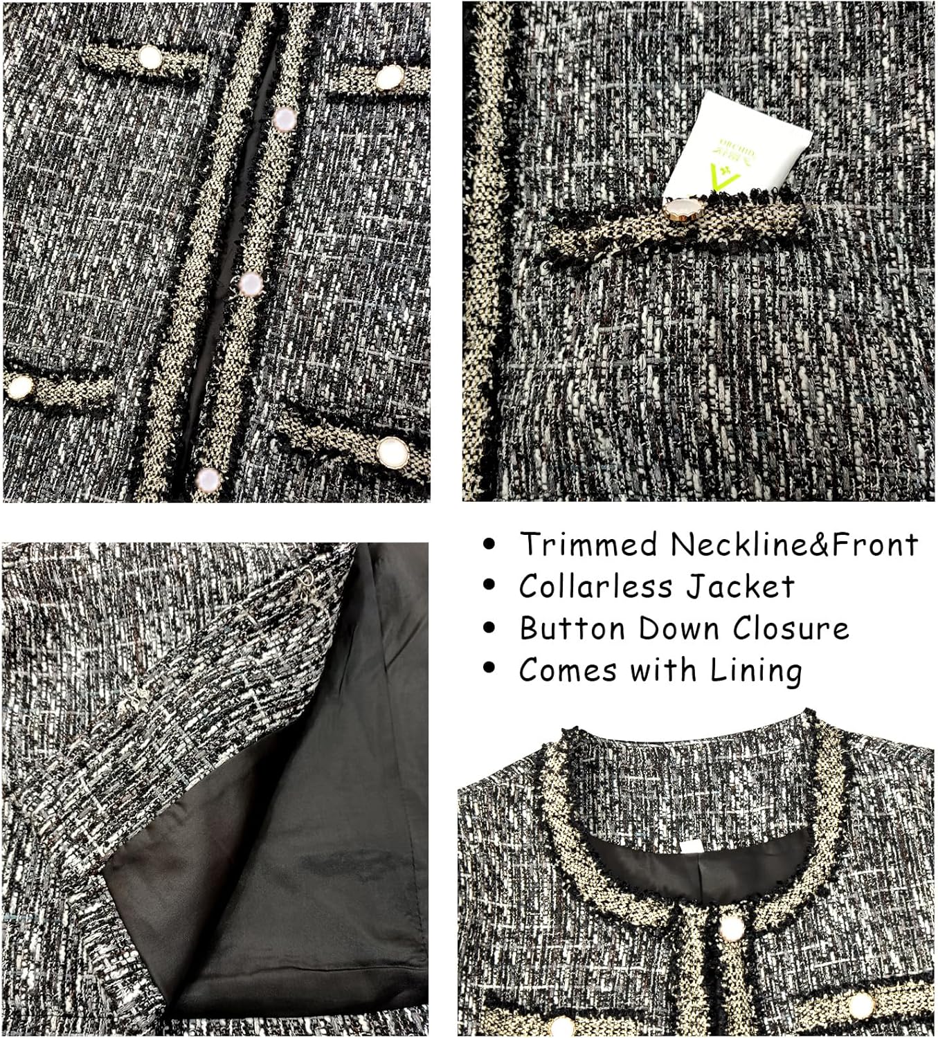 Xaspee Women's Tweed Blazers Cropped Long Sleeve Crewneck Open Front Lace Trim Lightweight Plaid Work Blazer Jackets - Image 6