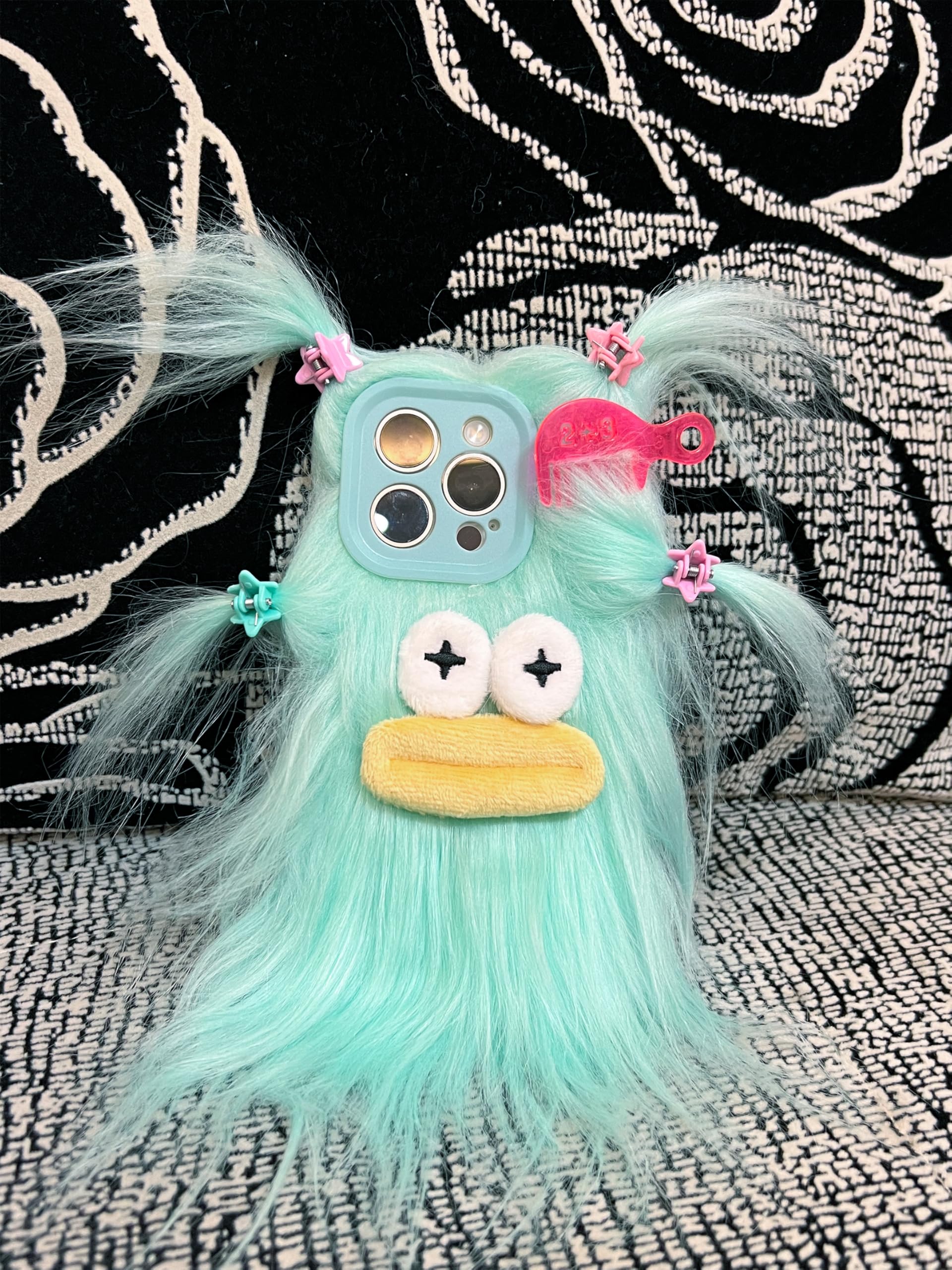 Aeilene Green Furry Ugly Phone Case for iPhone 16 Pro, Cute DIY Long Hair Funny Thick Mouth Warm Plush Cases, 3D Cartoon Silly Fuzzy Winter Protective