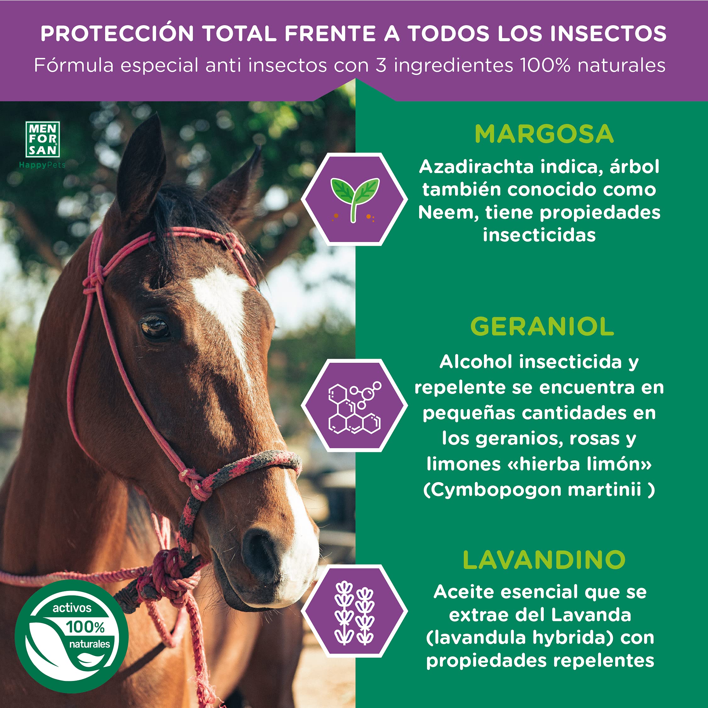 MENFORSAN Spray Anti-Insectes pour Chevaux 750ml, avec Margosa, Géraniol et Lavandin, Répulsif Naturel pour Les Insectes, Adapté Aux Chevaux