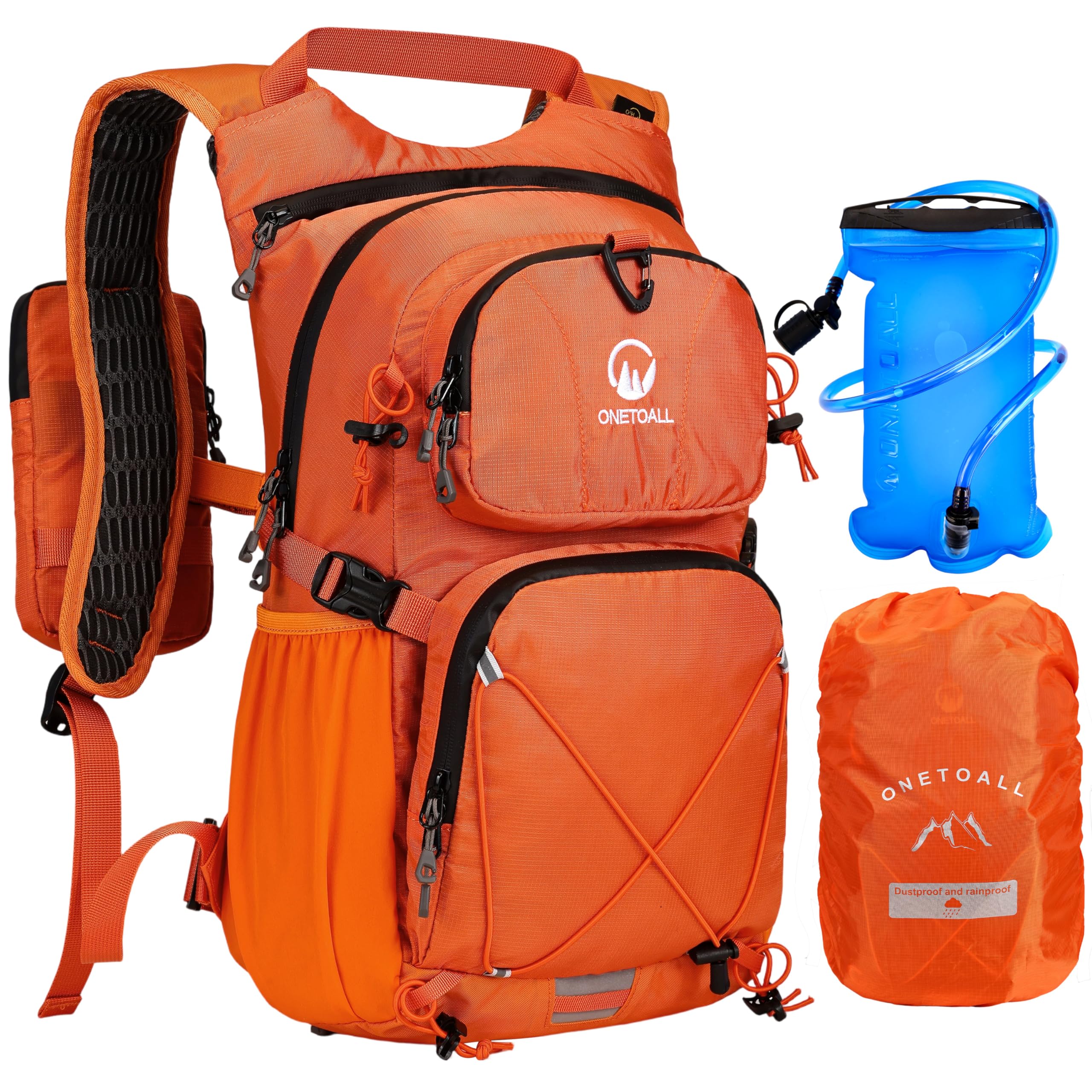 ONETOALL Hydration Backpack with 2L Water Bladder, 22L Waterproof Hiking Backpack with Rain Cover, Insulated Compartment for Running, Cycling, Walking, Camping & Skiing, Orange