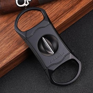 V-Cut Cigar Cutter Stainless Steel Blade, Up to 60+ Ring Gauge in Leather Gift Case (Black)