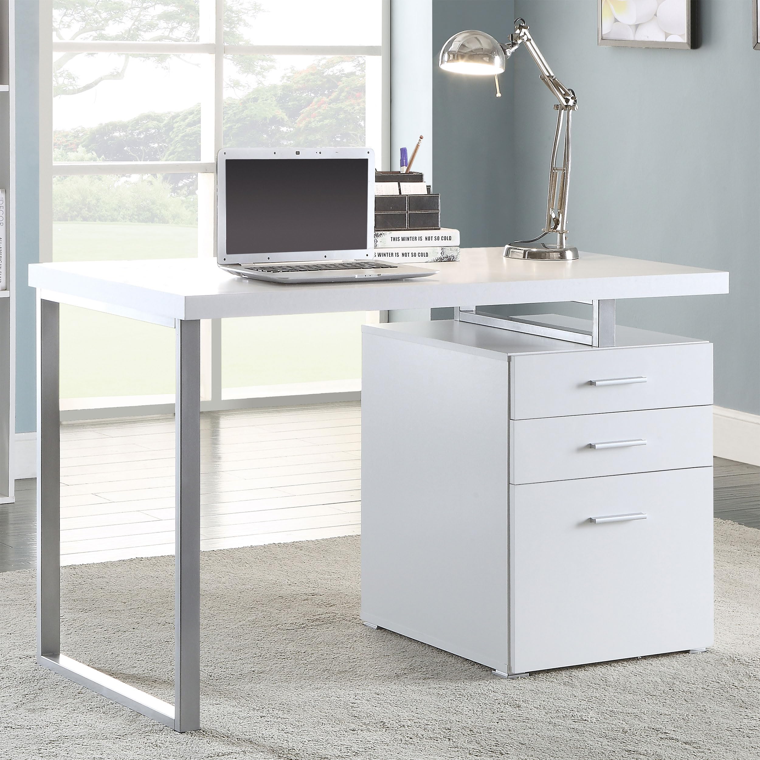Coaster Home Furnishings Brennan Modern Contemporary Home Office 3-Drawer Writing Desk with Drawers Computer Desk Study Table File Cabinet Storage Silver Metal Frame White 800325