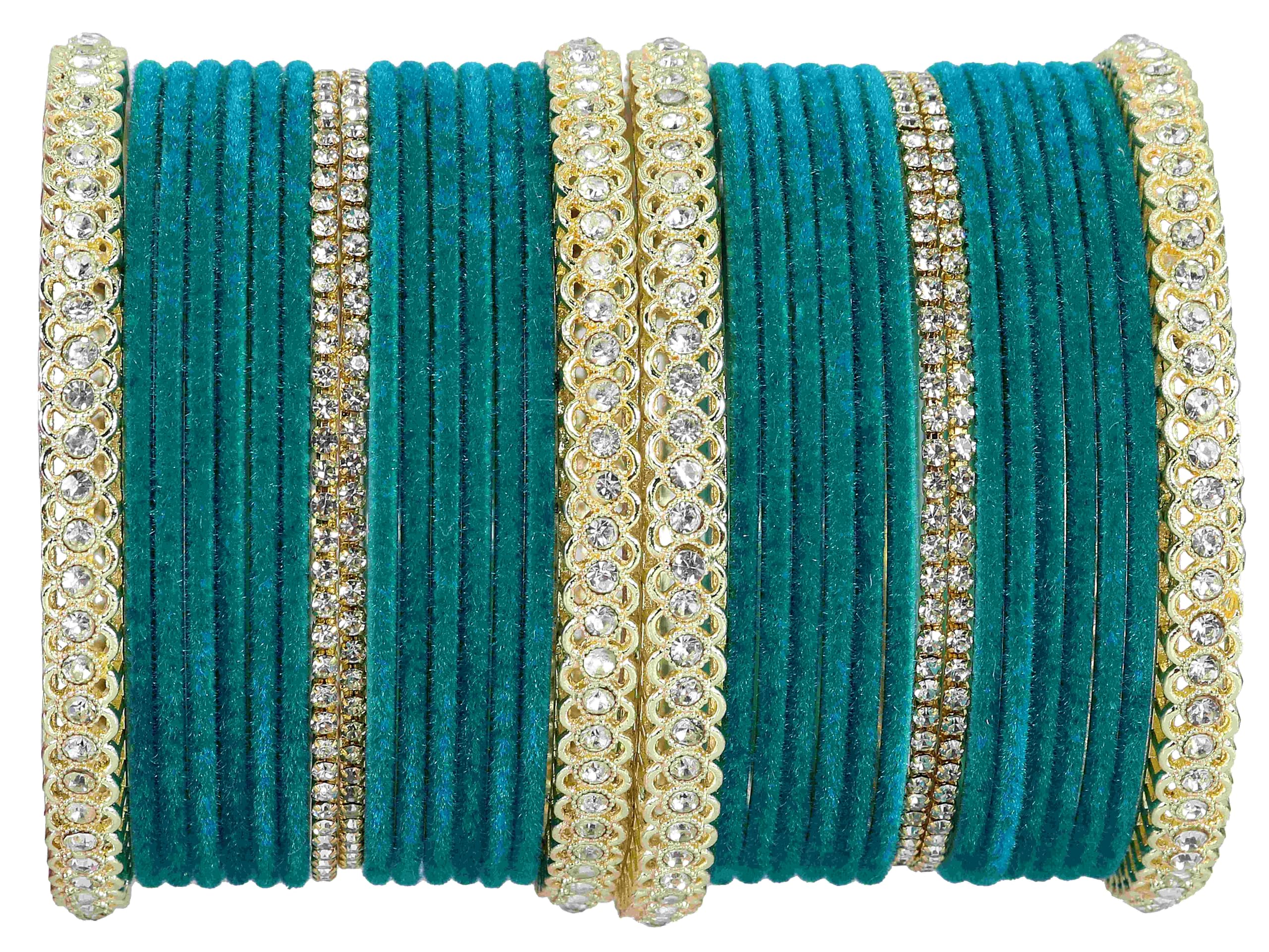 LAVAZZA Gold Plated Metal Velvet Bangles Short Chuda Set For Women & Girls with Zircon Gemstone | Radium Teal Colour Bangles| Ladies Bangles | Stone Work Bangles | Set of 32 -(LV_FMS6-Radium-2.6)