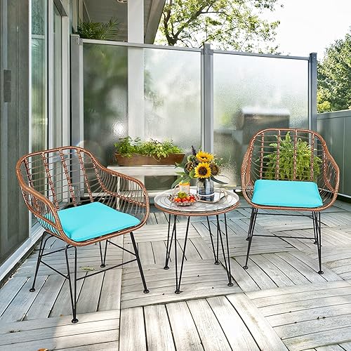 Miniatura 83 de Tangkula 3 Pieces Patio Bistro Set, Rattan Conversation Set with 2 Cushioned Armchairs & Round Glass Coffee Table, Indoor Outdoor Wicker Furniture