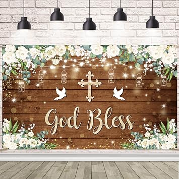 AIBIIN 5.9x3.6ft God Bless Baptism Backdrop First Holy Communion Wooden Board Wall Sparkle Backdground White Floral Baby Christening Banner Newborn Baby Shower Banner Decor Supplies Booth Props