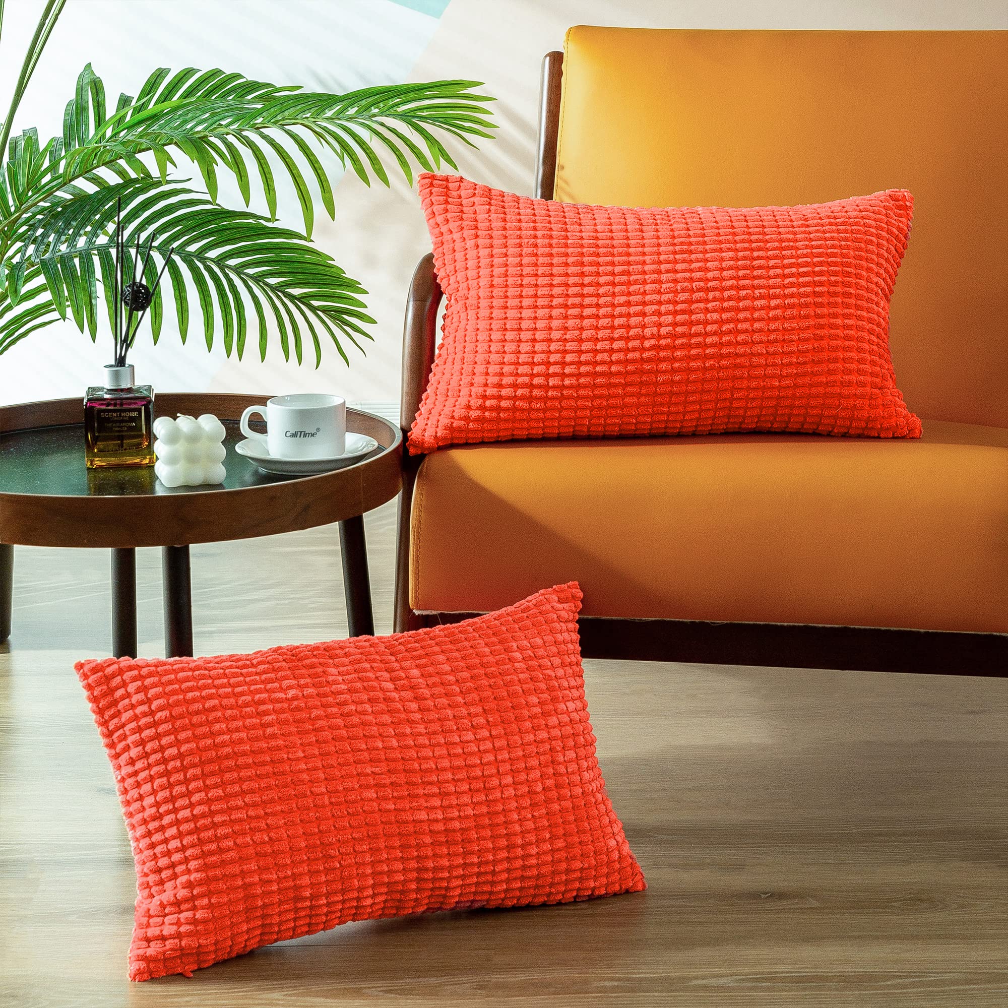 CaliTime Pack of 2 Cushion Cover Supersoft Corduroy Corn Striped Both Sides Throw Pillow Covers Cases 30cm x 50cm Living Coral — image 1